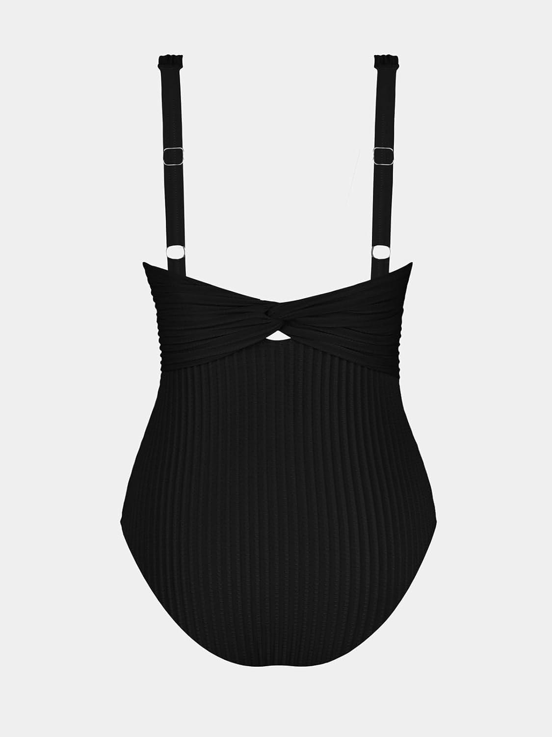 imageCUPSHE Womens One Piece Swimsuit Wide Straps V Neck Ruched Textured Ribbed Twist BackBlack