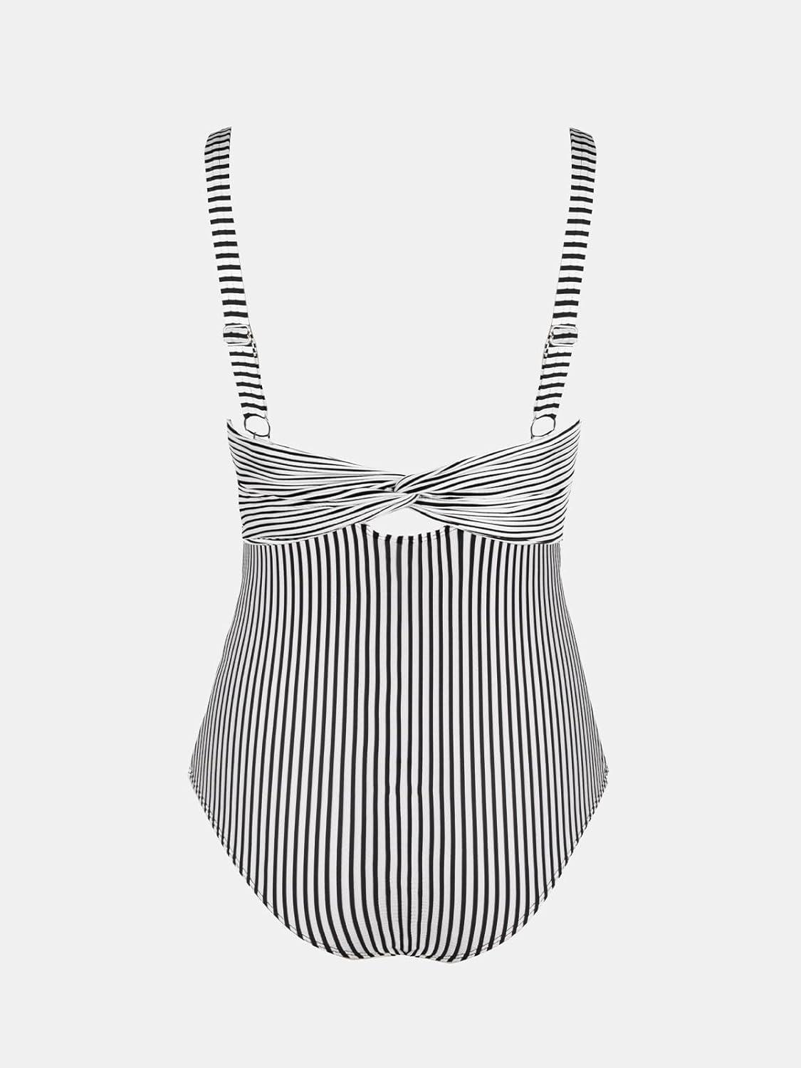 imageCUPSHE Womens One Piece Swimsuit Wide Straps V Neck Ruched Textured Ribbed Twist BackBlackStriped