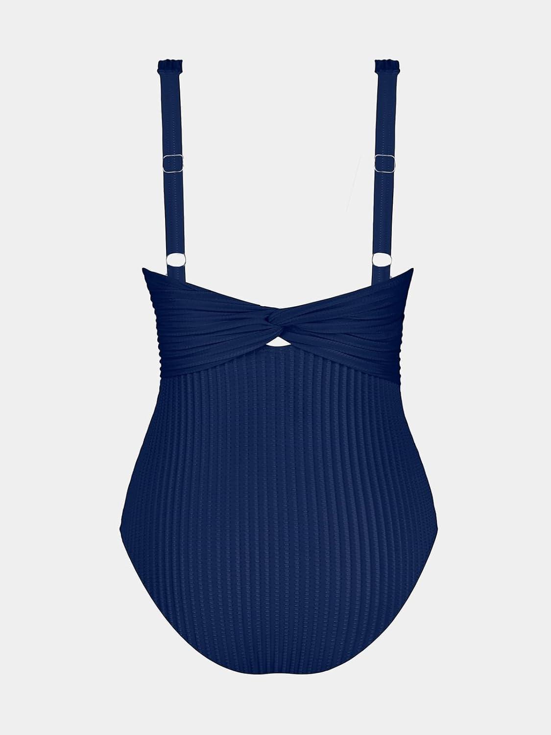 imageCUPSHE Womens One Piece Swimsuit Wide Straps V Neck Ruched Textured Ribbed Twist BackNavy Blue