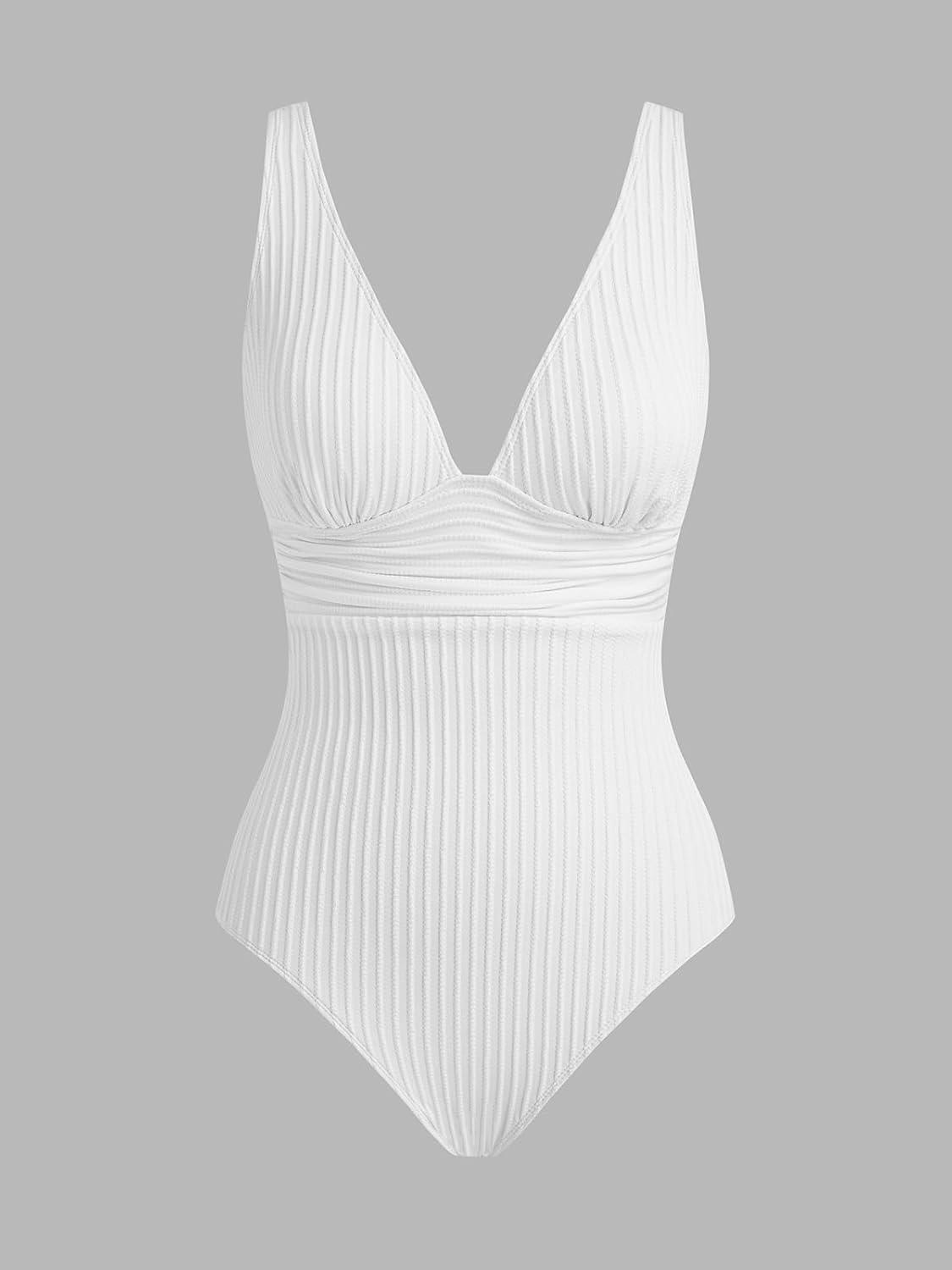 imageCUPSHE Womens One Piece Swimsuit Wide Straps V Neck Ruched Textured Ribbed Twist BackWhite