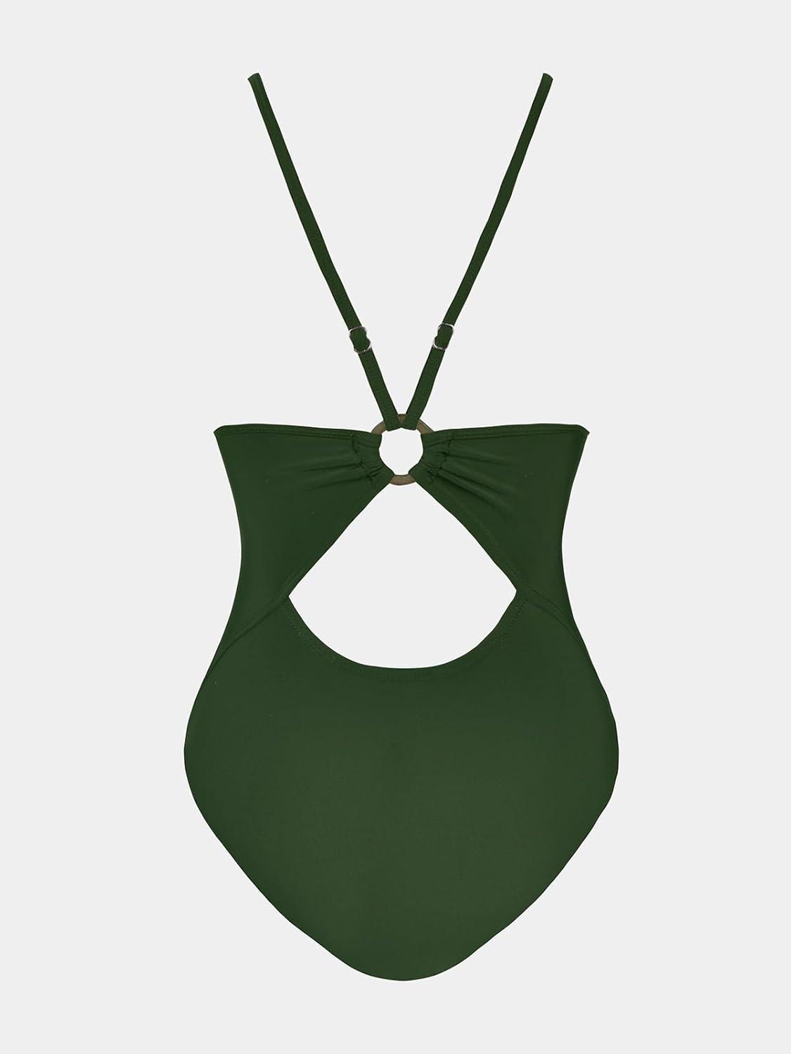 imageCUPSHE Womens One Piece Swimsuits Bathing Suits Cutout V Neck Tummy Control Adjustable Straps O RingDark Green