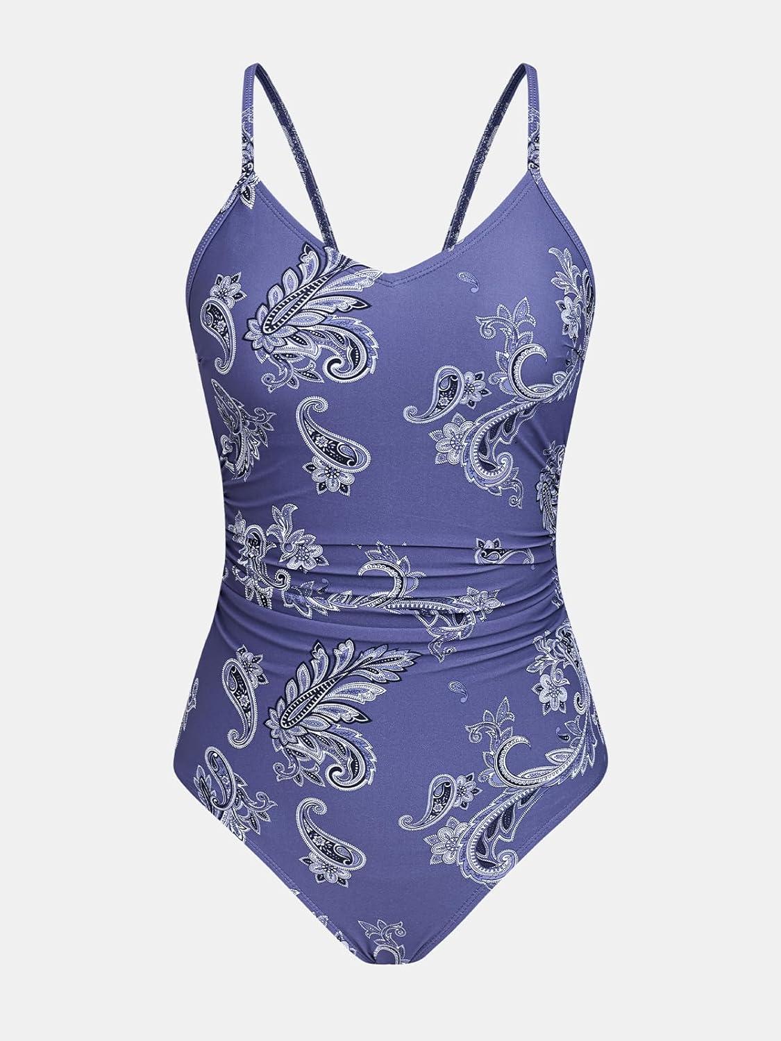 imageCUPSHE Womens One Piece Swimsuits Bathing Suits Cutout V Neck Tummy Control Adjustable Straps O RingNavy Paisley