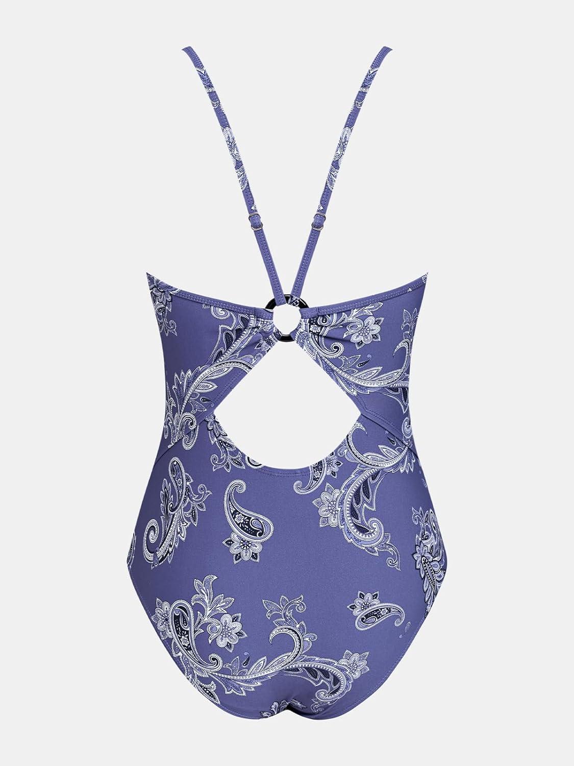 imageCUPSHE Womens One Piece Swimsuits Bathing Suits Cutout V Neck Tummy Control Adjustable Straps O RingNavy Paisley
