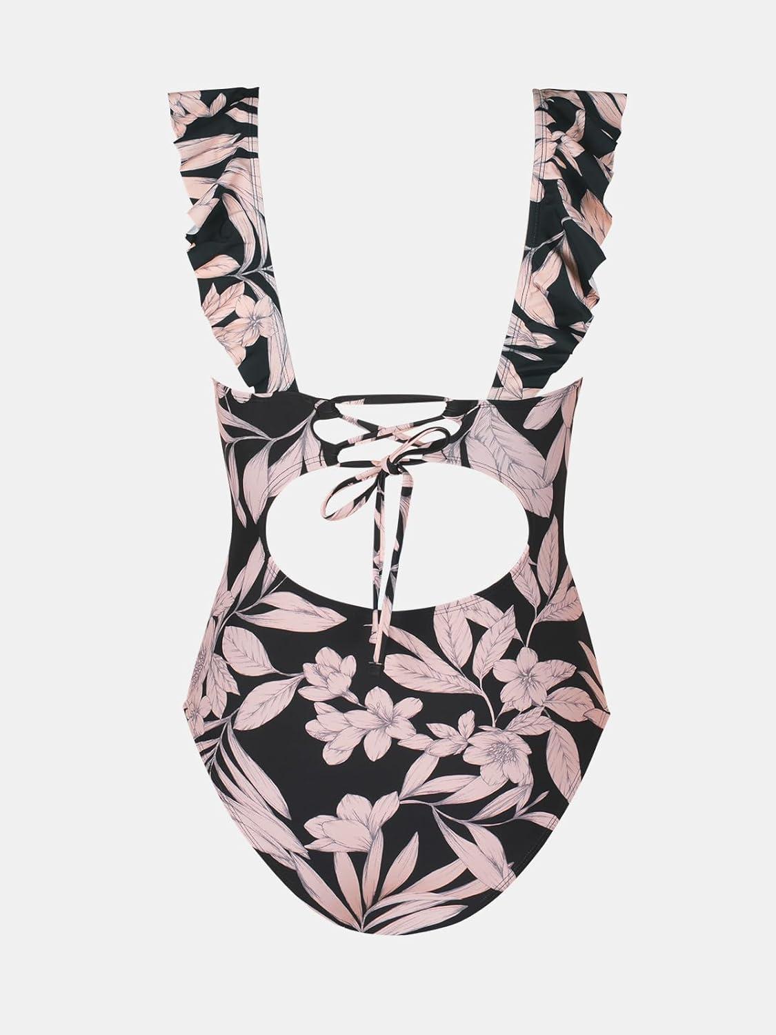 imageCUPSHE Womens Ruffled One Piece Swimsuit V Neck Lace UpBlackLight Pink Floral