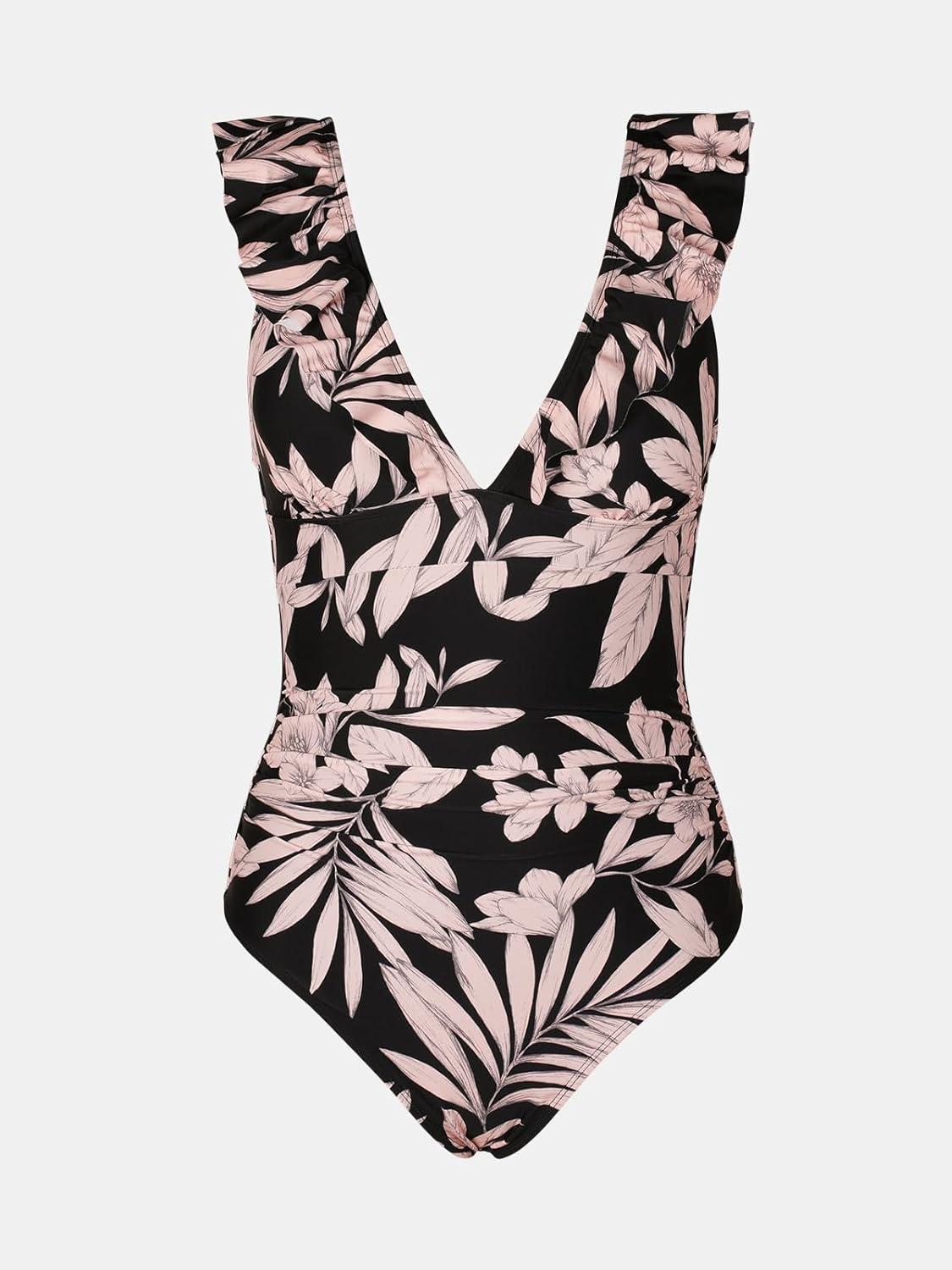 imageCUPSHE Womens Ruffled One Piece Swimsuit V Neck Lace UpBlackLight Pink Floral
