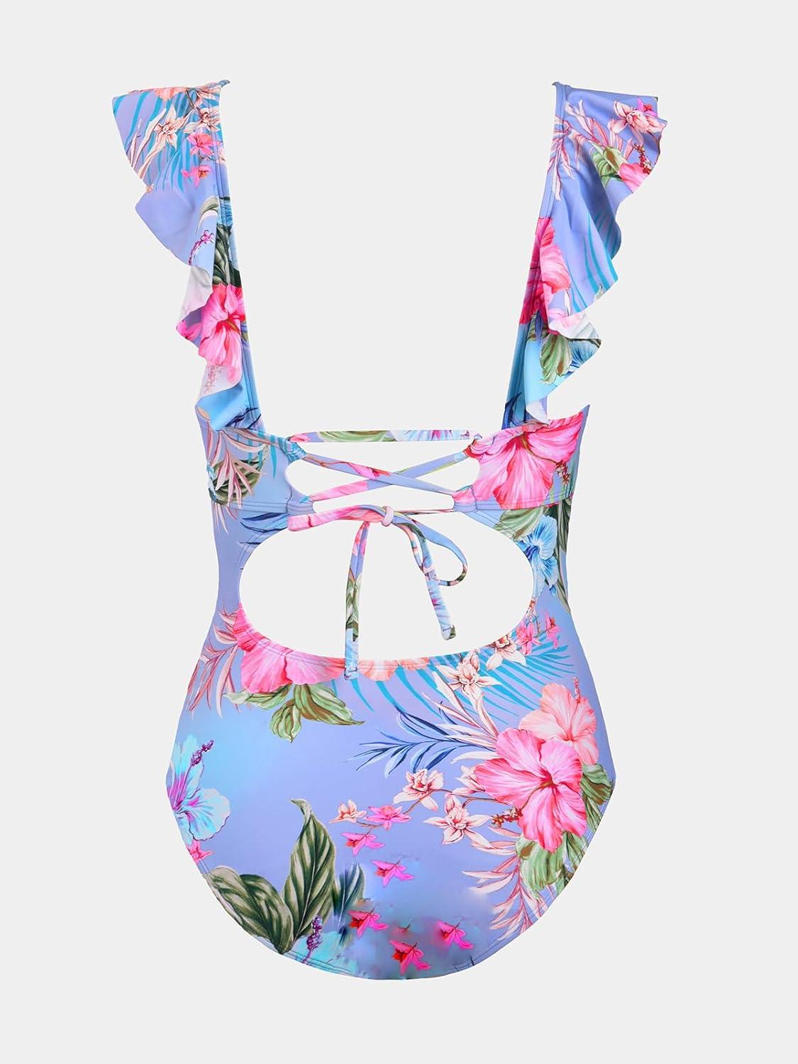 imageCUPSHE Womens Ruffled One Piece Swimsuit V Neck Lace UpBluePink Floral