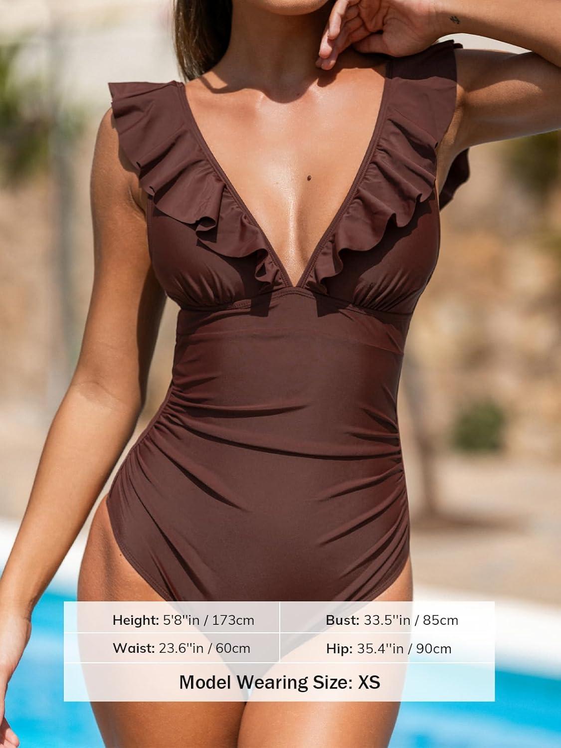 imageCUPSHE Womens Ruffled One Piece Swimsuit V Neck Lace UpChocolate Brown