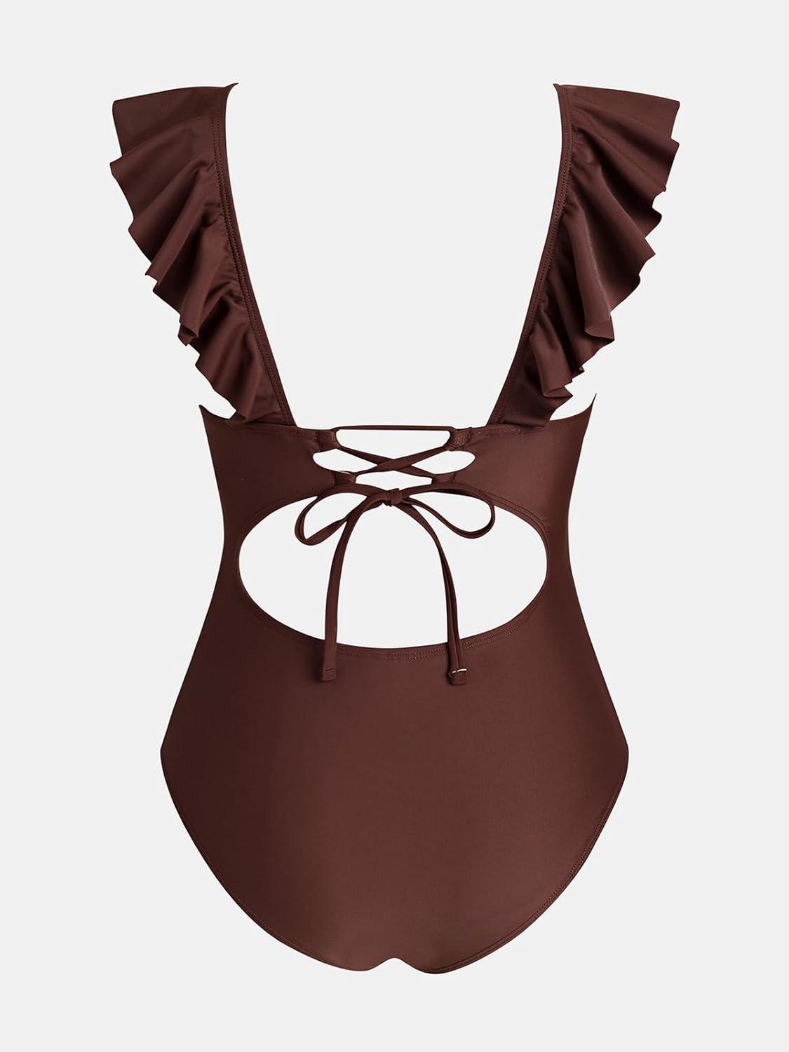 imageCUPSHE Womens Ruffled One Piece Swimsuit V Neck Lace UpChocolate Brown