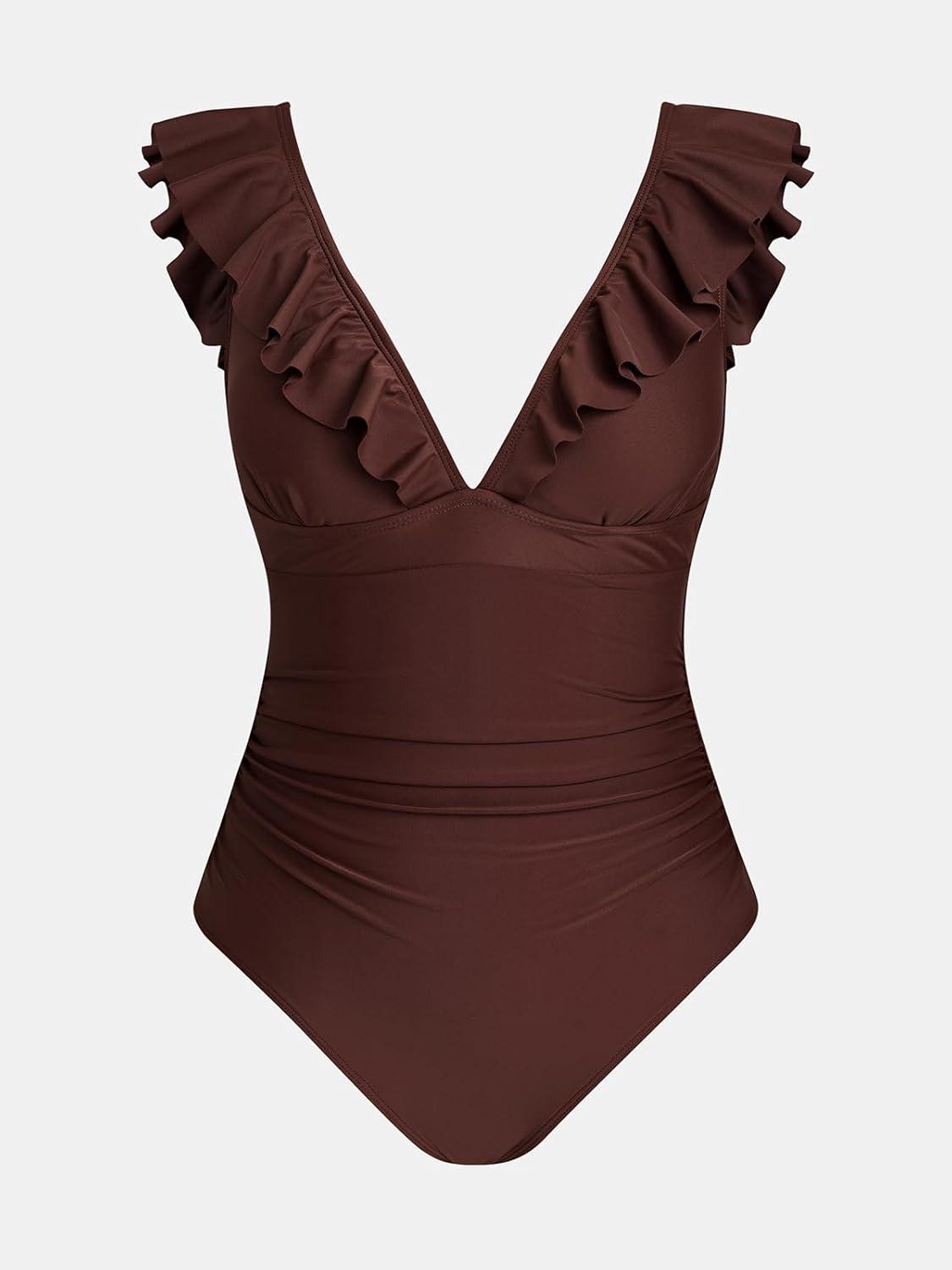 imageCUPSHE Womens Ruffled One Piece Swimsuit V Neck Lace UpChocolate Brown