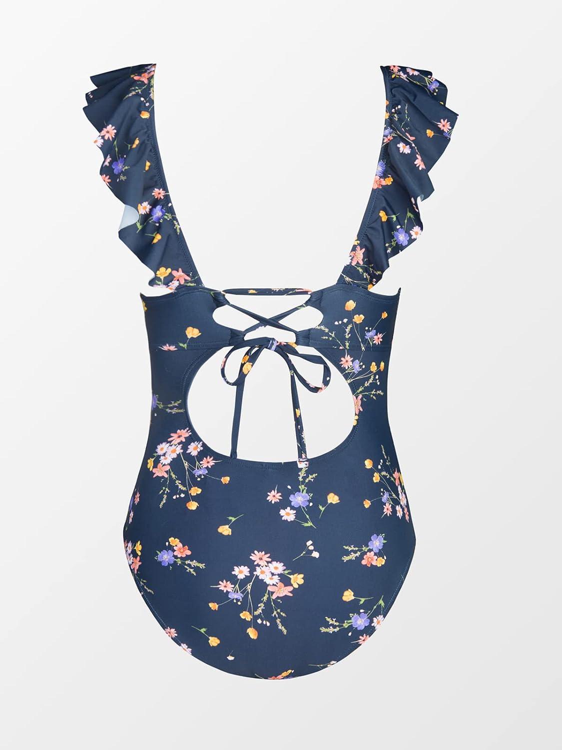 imageCUPSHE Womens Ruffled One Piece Swimsuit V Neck Lace UpDenim Blue Floral