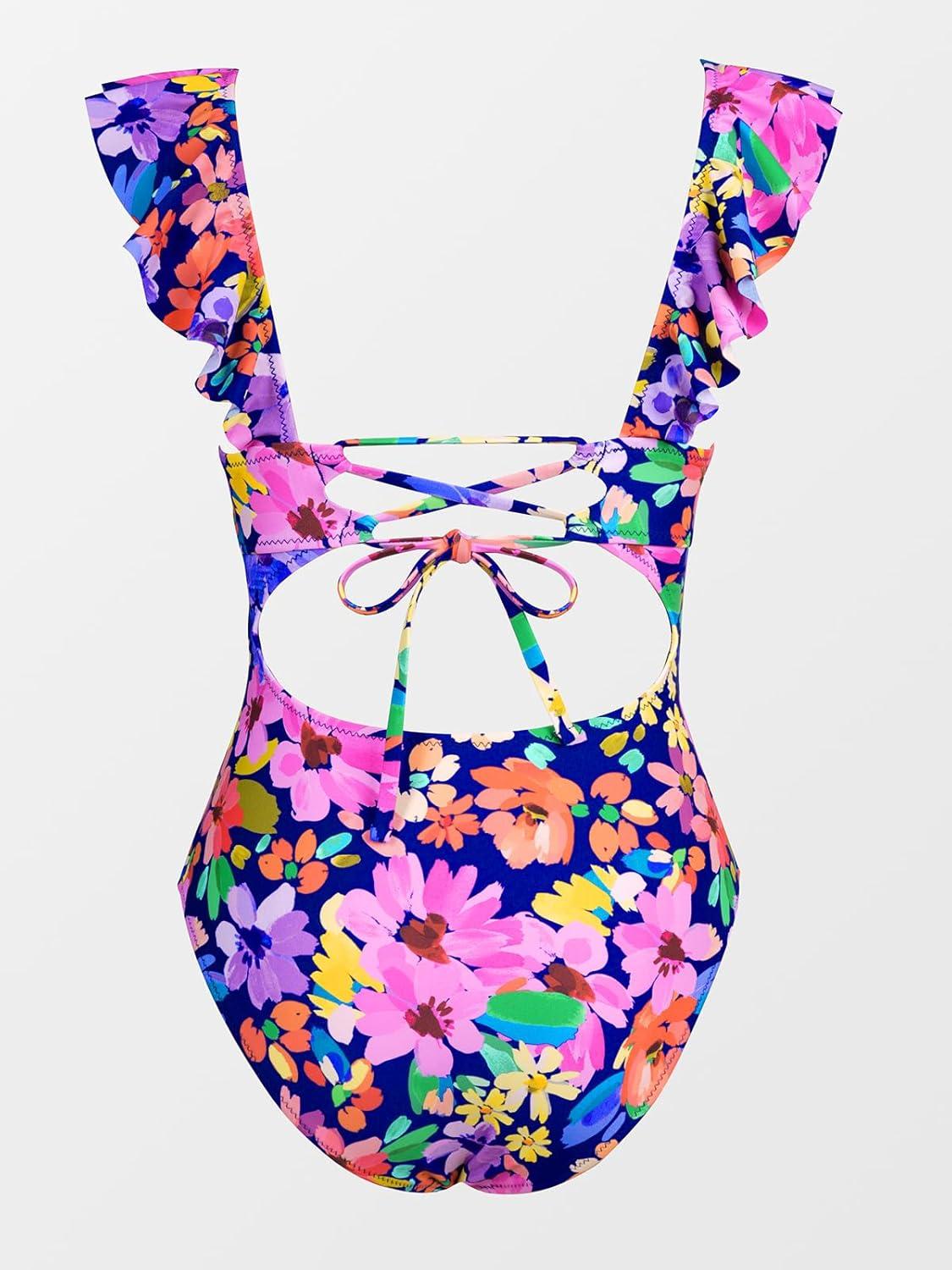 imageCUPSHE Womens Ruffled One Piece Swimsuit V Neck Lace UpMagenta Ditsy Print