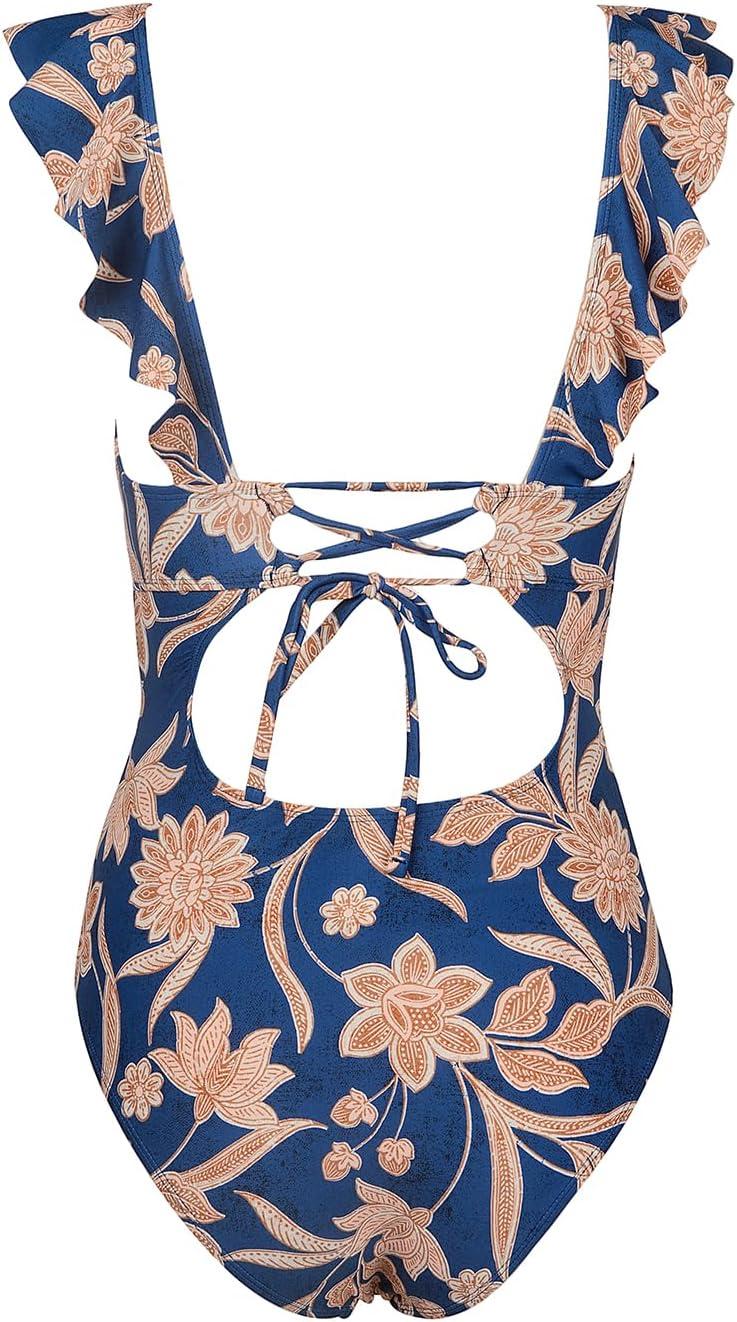 imageCUPSHE Womens Ruffled One Piece Swimsuit V Neck Lace UpNavy Paisley Print