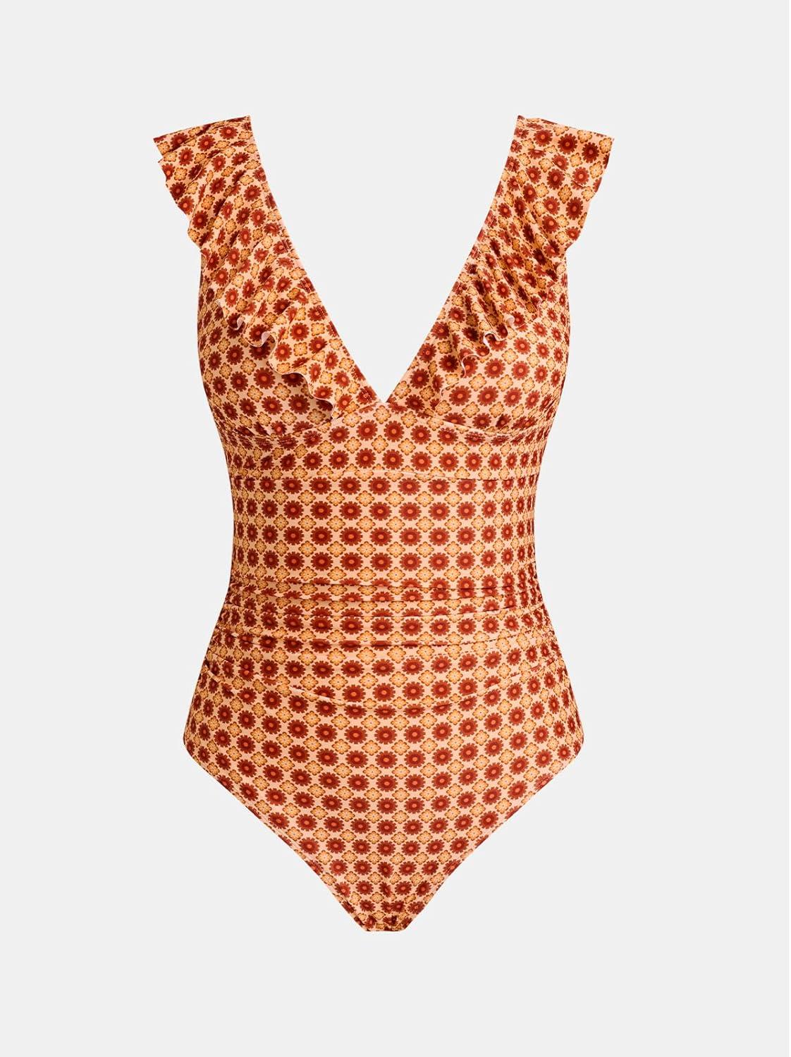 imageCUPSHE Womens Ruffled One Piece Swimsuit V Neck Lace UpOrangeRetro Floral