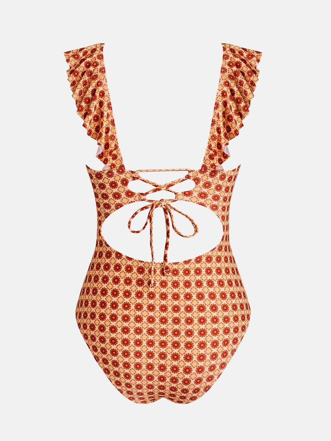 imageCUPSHE Womens Ruffled One Piece Swimsuit V Neck Lace UpOrangeRetro Floral