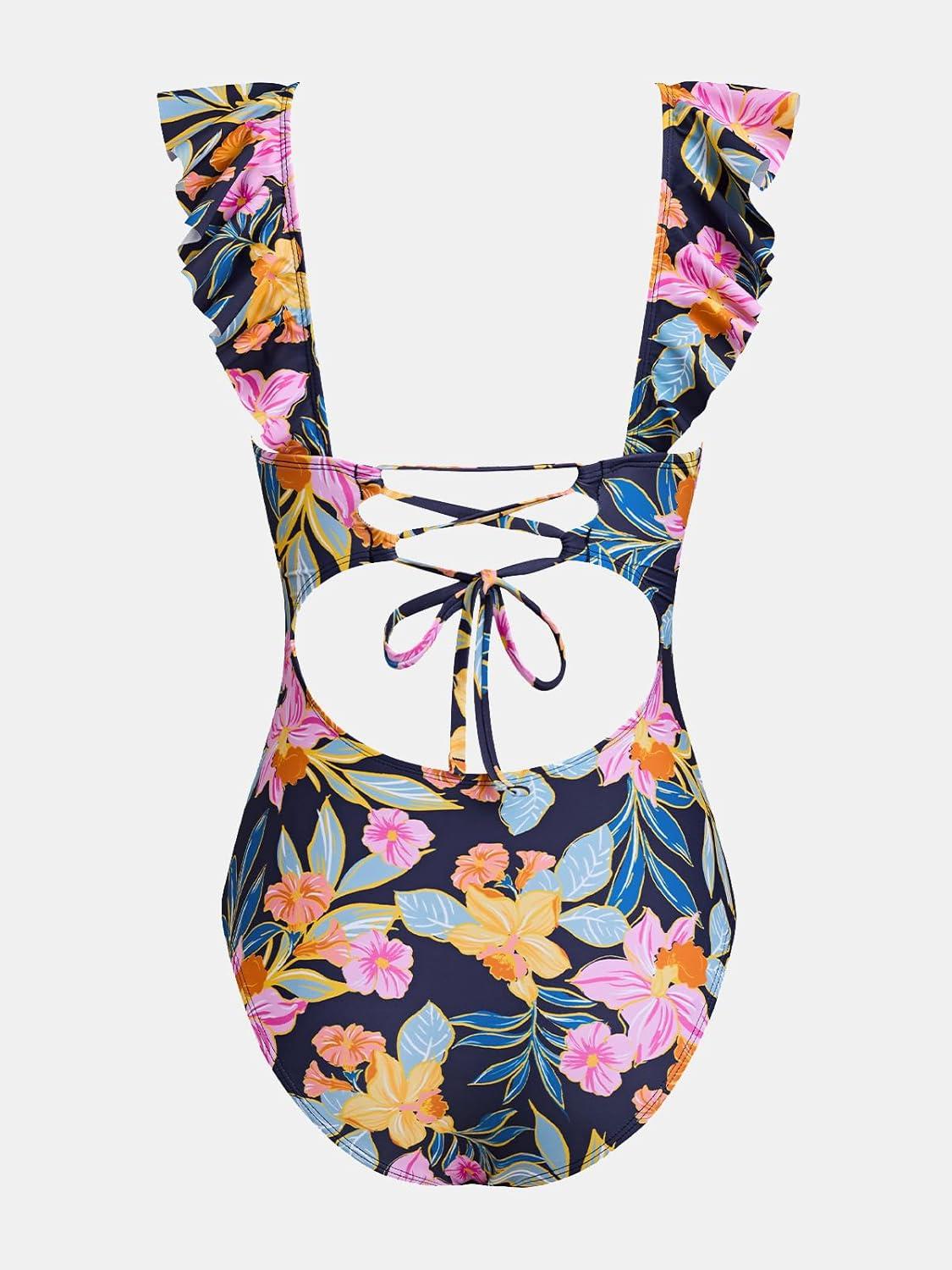 imageCUPSHE Womens Ruffled One Piece Swimsuit V Neck Lace UpPinkYellowBlue