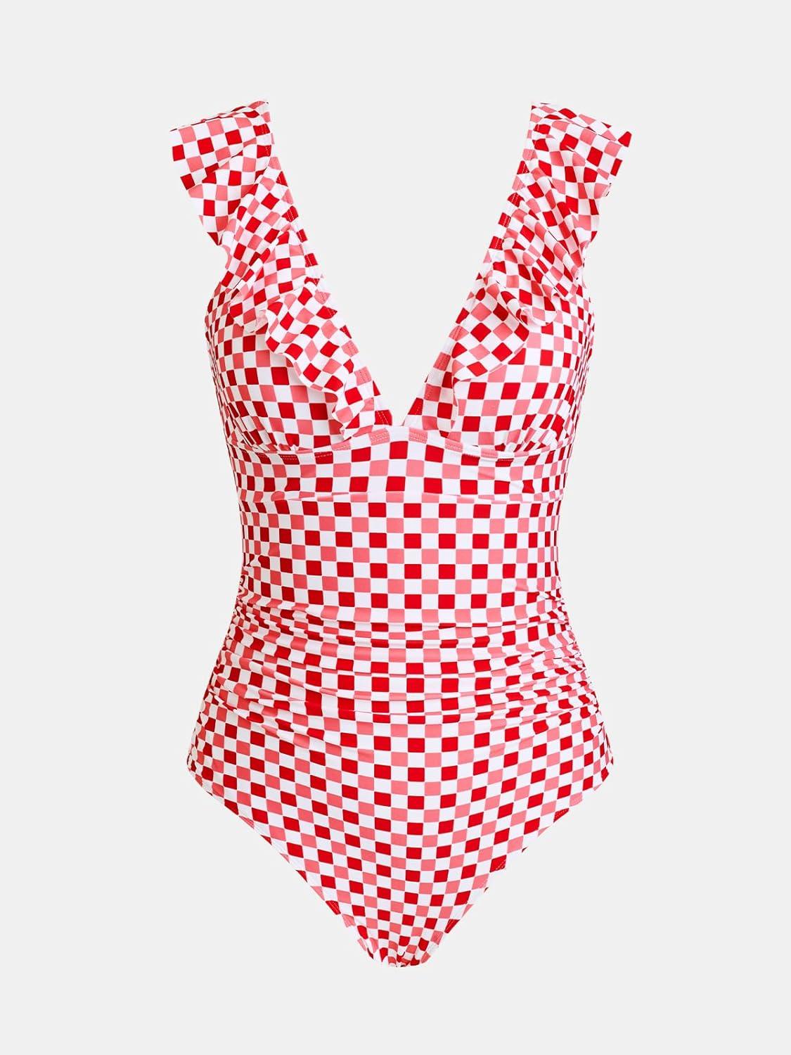 imageCUPSHE Womens Ruffled One Piece Swimsuit V Neck Lace UpRed Pink Gingham