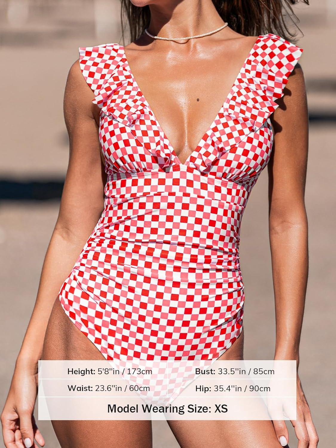 imageCUPSHE Womens Ruffled One Piece Swimsuit V Neck Lace UpRed Pink Gingham