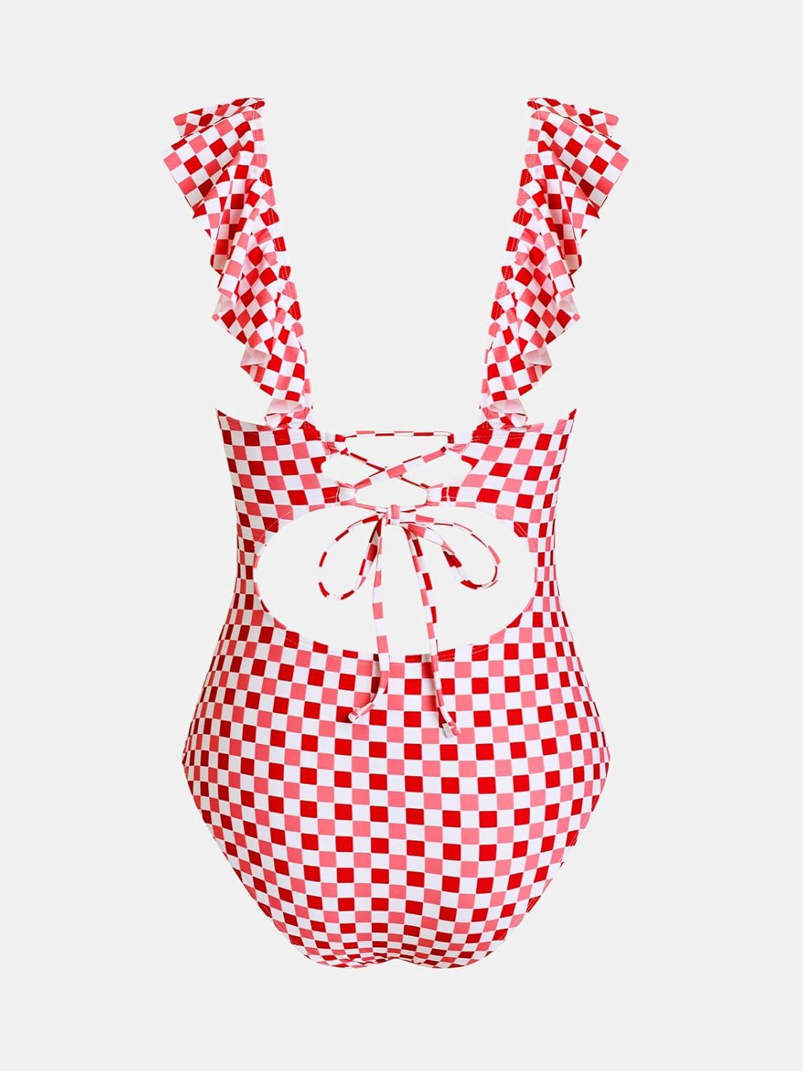 imageCUPSHE Womens Ruffled One Piece Swimsuit V Neck Lace UpRed Pink Gingham