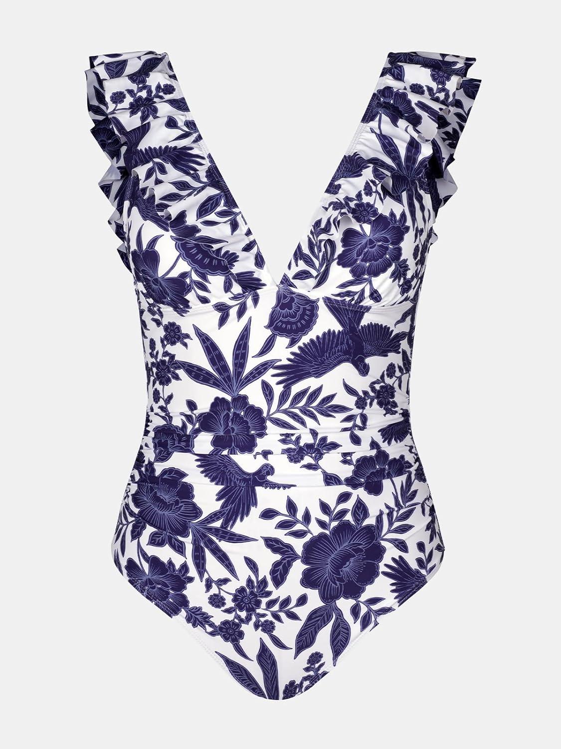 imageCUPSHE Womens Ruffled One Piece Swimsuit V Neck Lace UpWhiteNavy Floral