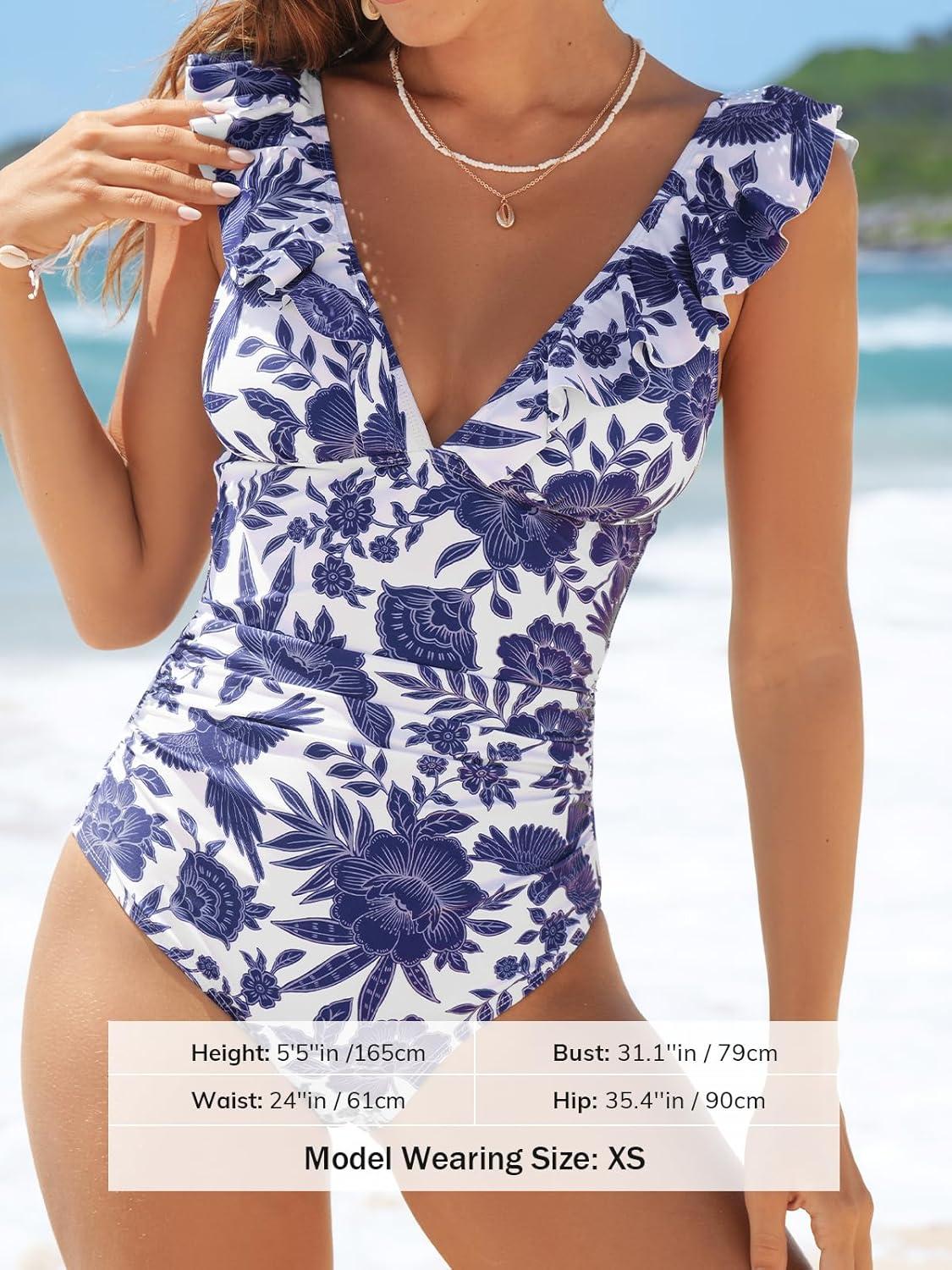 imageCUPSHE Womens Ruffled One Piece Swimsuit V Neck Lace UpWhiteNavy Floral
