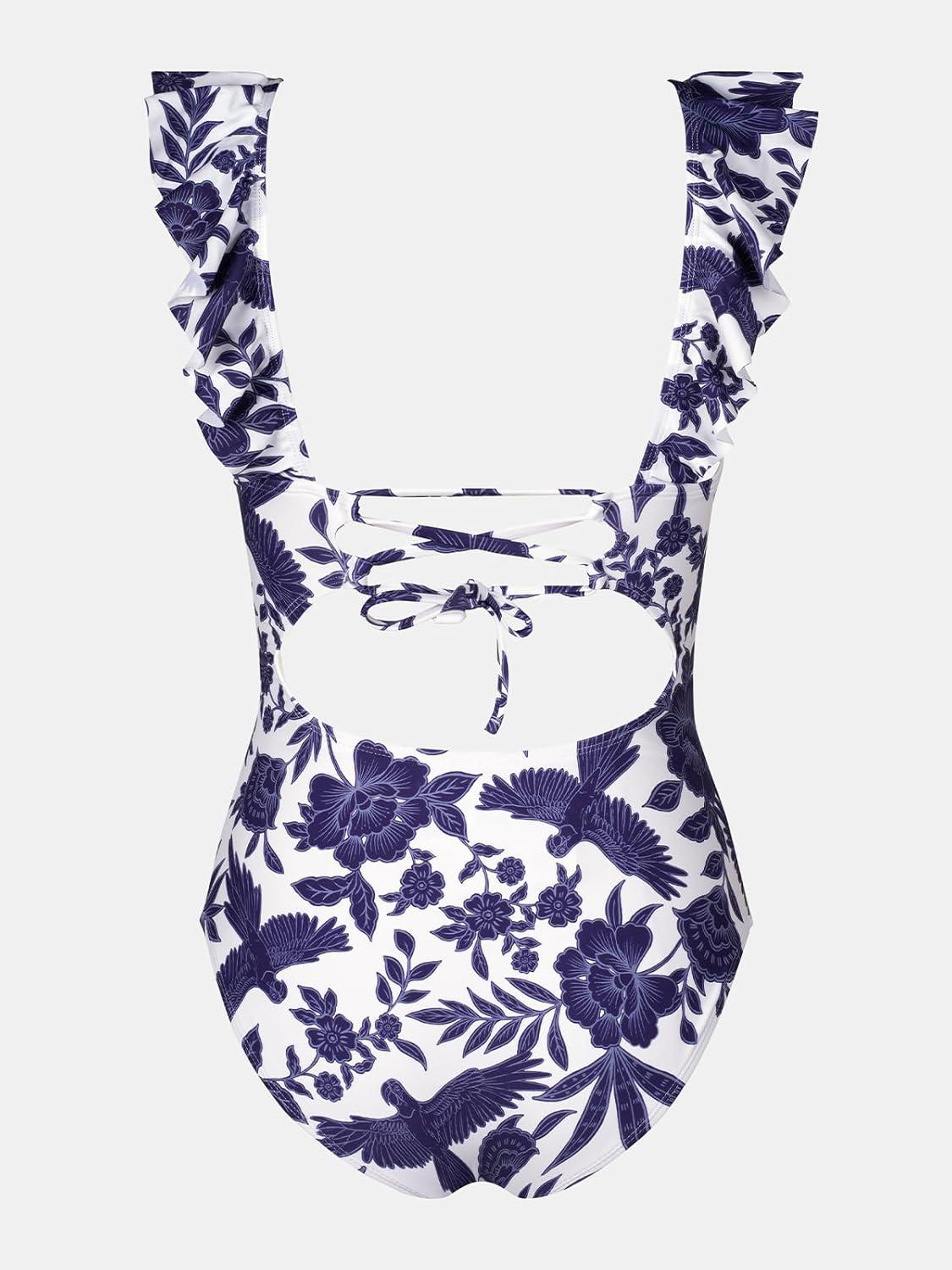 imageCUPSHE Womens Ruffled One Piece Swimsuit V Neck Lace UpWhiteNavy Floral