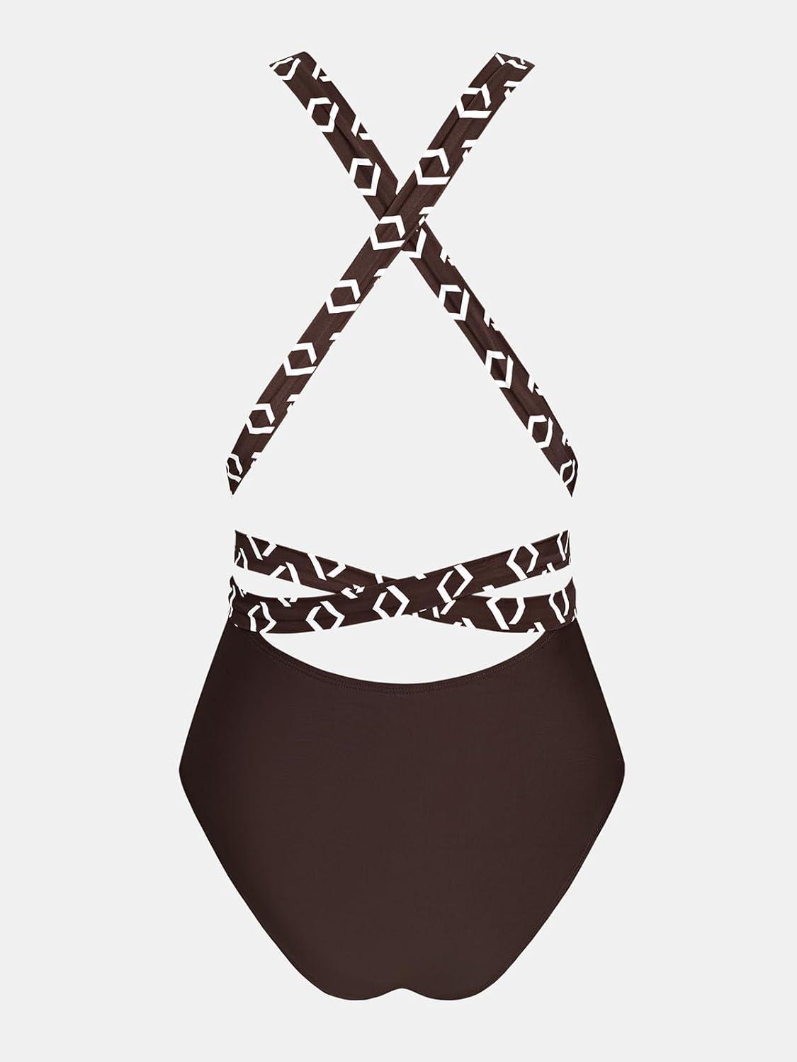 imageCUPSHE Womens Stripe Bikini Bowknot Shirred SwimsuitBrown Geometric