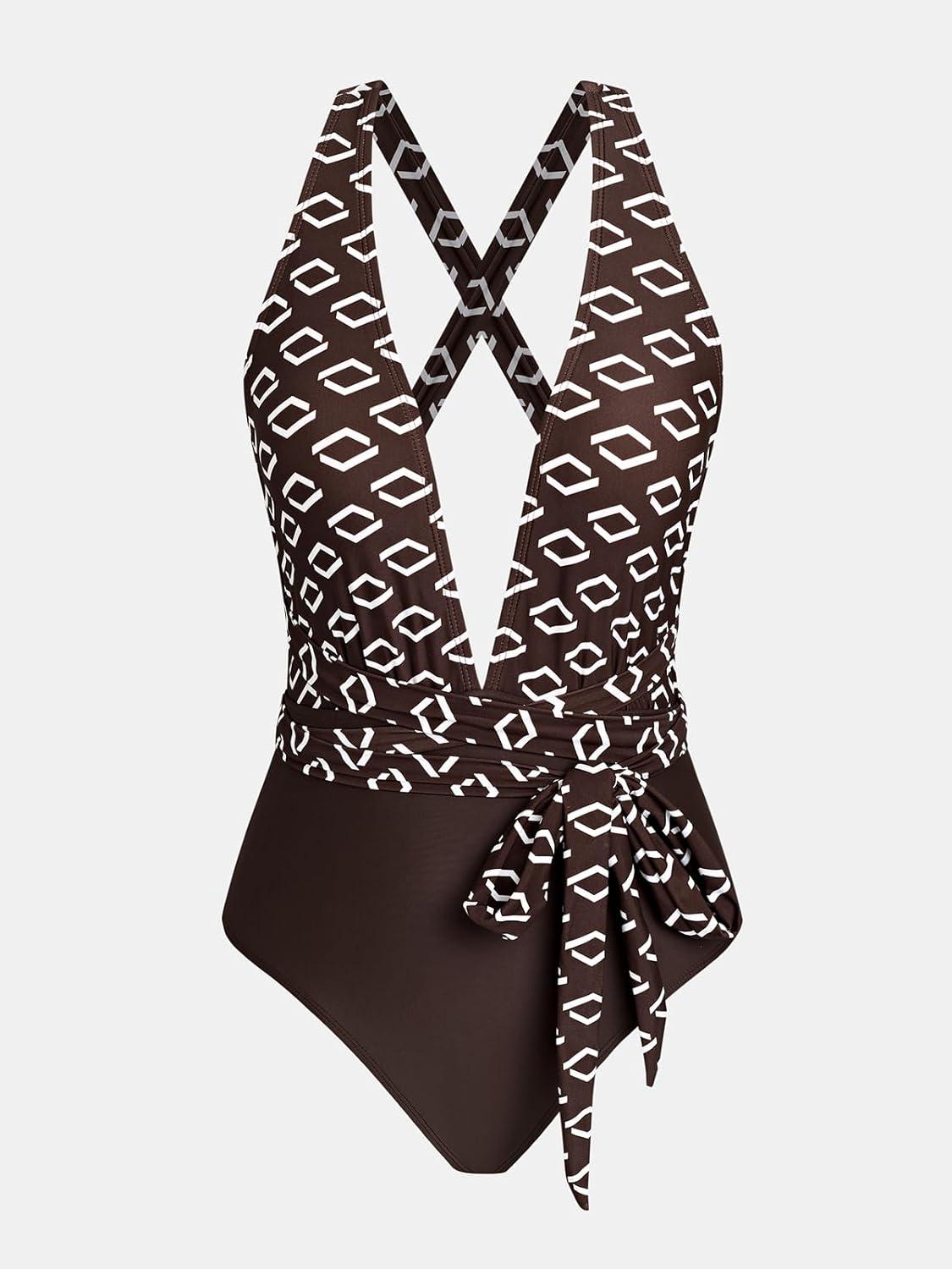 imageCUPSHE Womens Stripe Bikini Bowknot Shirred SwimsuitBrown Geometric