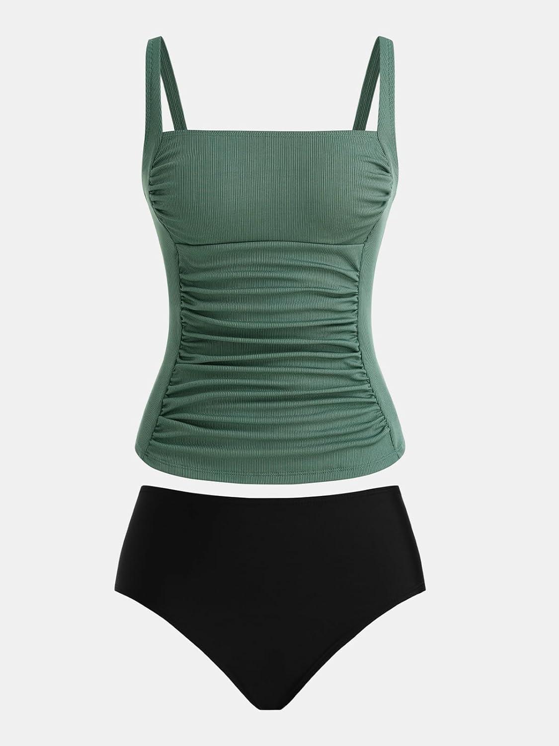 imageCUPSHE Womens Tankini Sets Two Piece Bathing Suits Tummy Control Square Neck Adjustable Straps Ruched RibbedForest GreenBlack