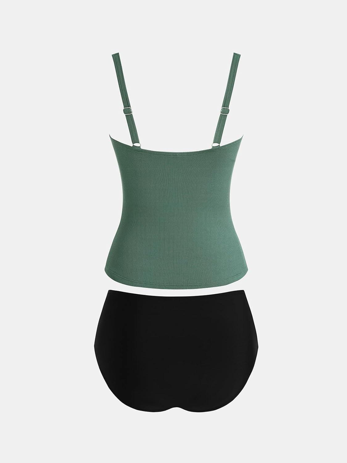 imageCUPSHE Womens Tankini Sets Two Piece Bathing Suits Tummy Control Square Neck Adjustable Straps Ruched RibbedForest GreenBlack