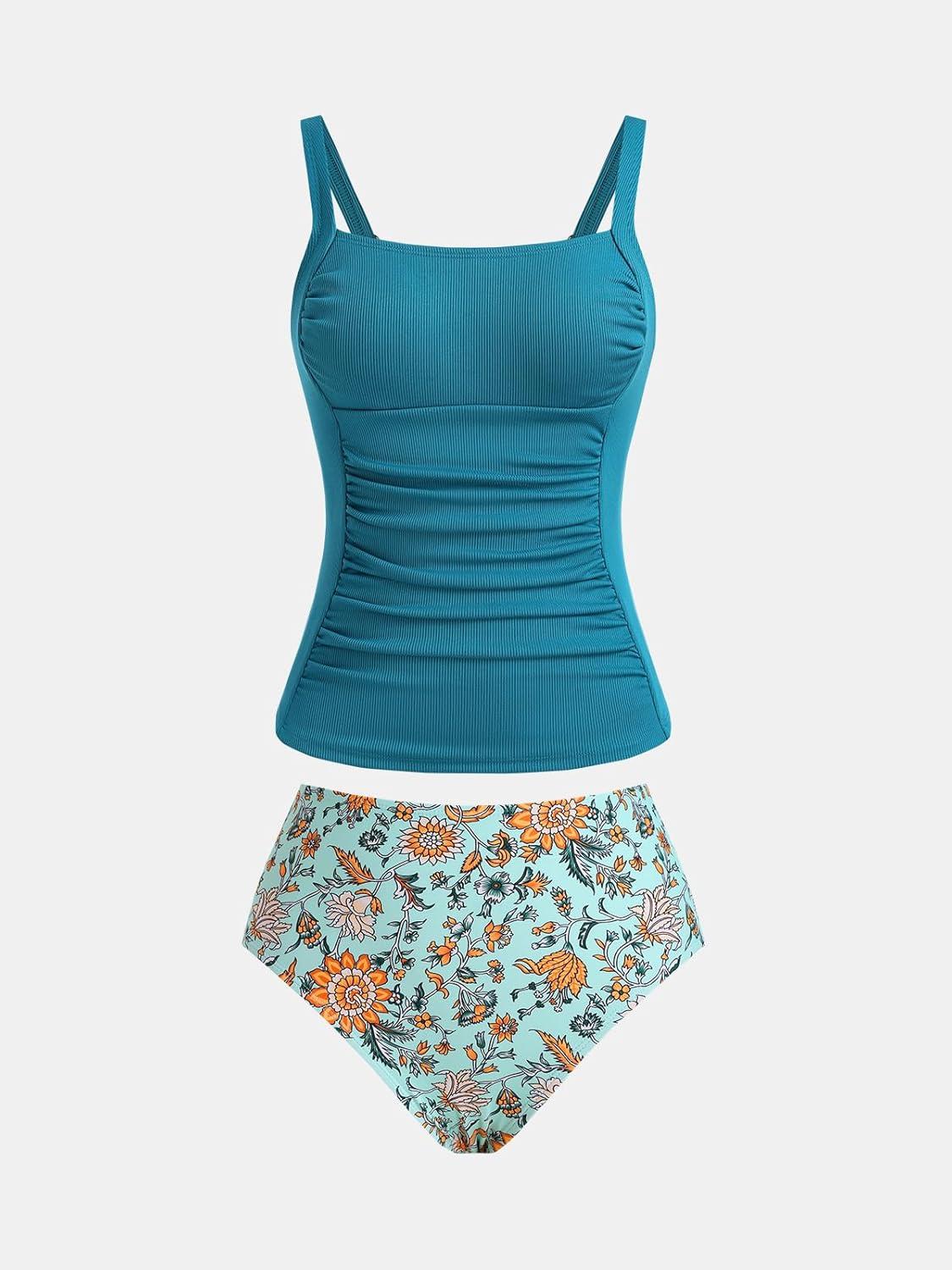 imageCUPSHE Womens Tankini Sets Two Piece Bathing Suits Tummy Control Square Neck Adjustable Straps Ruched RibbedTealGreen Floral