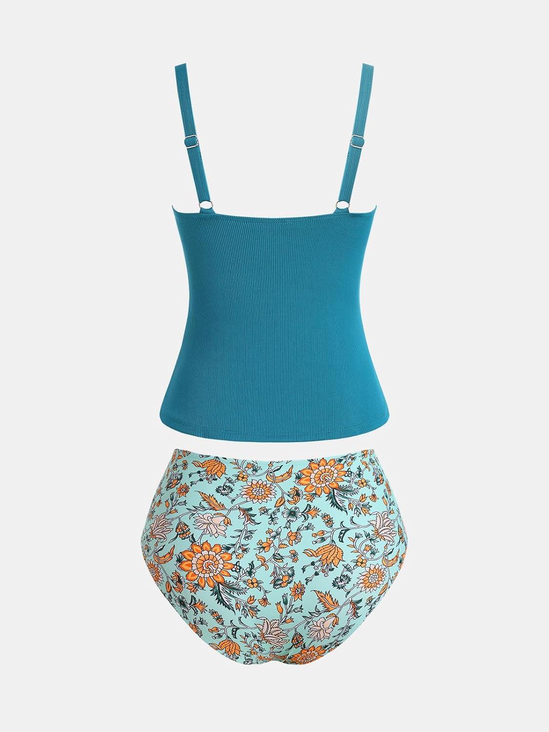 imageCUPSHE Womens Tankini Sets Two Piece Bathing Suits Tummy Control Square Neck Adjustable Straps Ruched RibbedTealGreen Floral