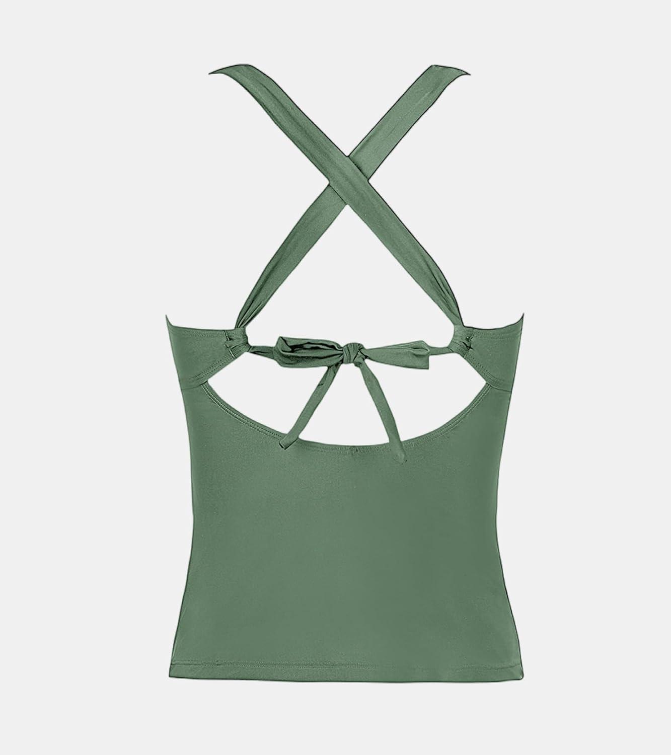 imageCUPSHE Womens Tankini Top Deep V Neck Swimsuit Crisscross Adjustable Straps Swimwear Top Only Ruched Bathing SuitForest Green