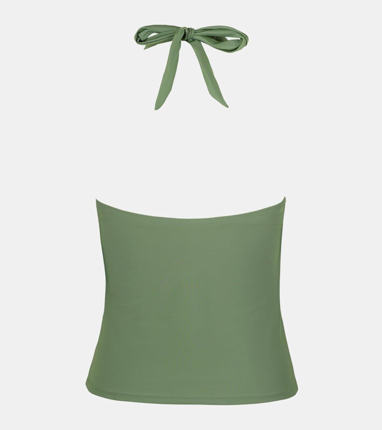 imageCUPSHE Womens Tankini Top Halter Deep V Cowl Neck Swimsuit Low Back Adjustable Straps Swimwear Top Only Bathing SuitForest Green