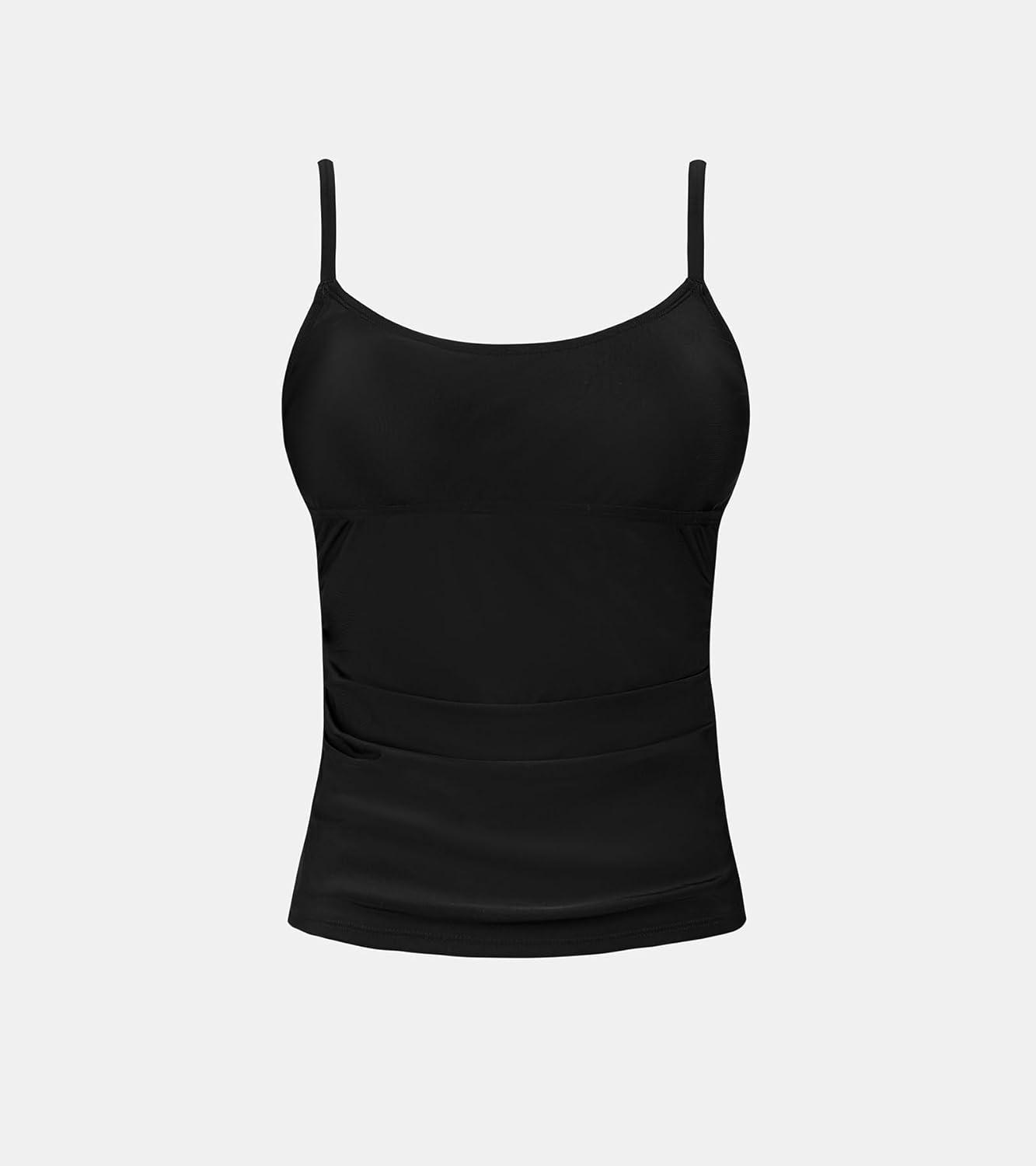 imageCUPSHE Womens Tankini Top Scoop Neck Swimsuit Tummy Control Swimwear Top Only Ruched Bathing Suit TopBlack