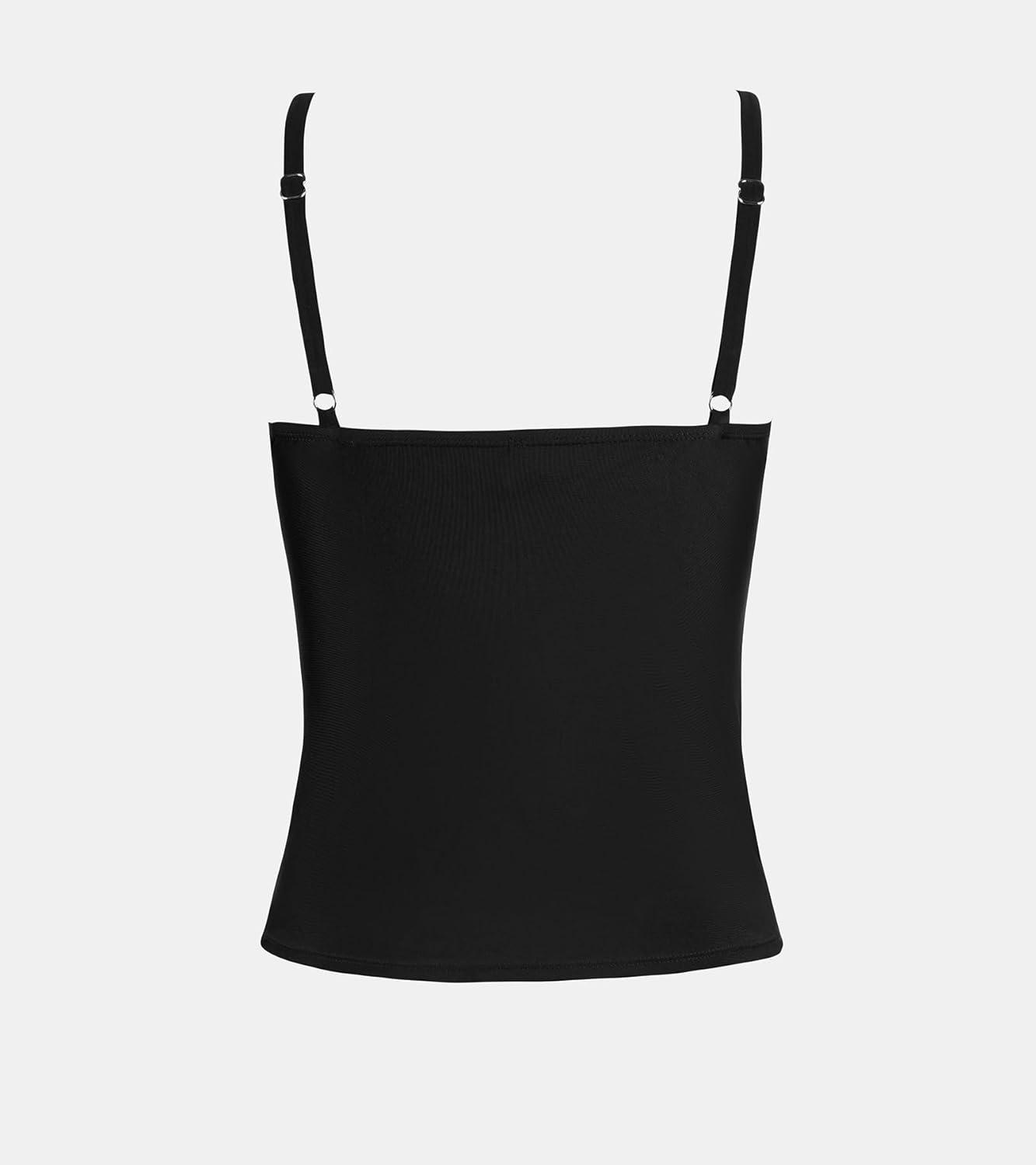 imageCUPSHE Womens Tankini Top Scoop Neck Swimsuit Tummy Control Swimwear Top Only Ruched Bathing Suit TopBlack