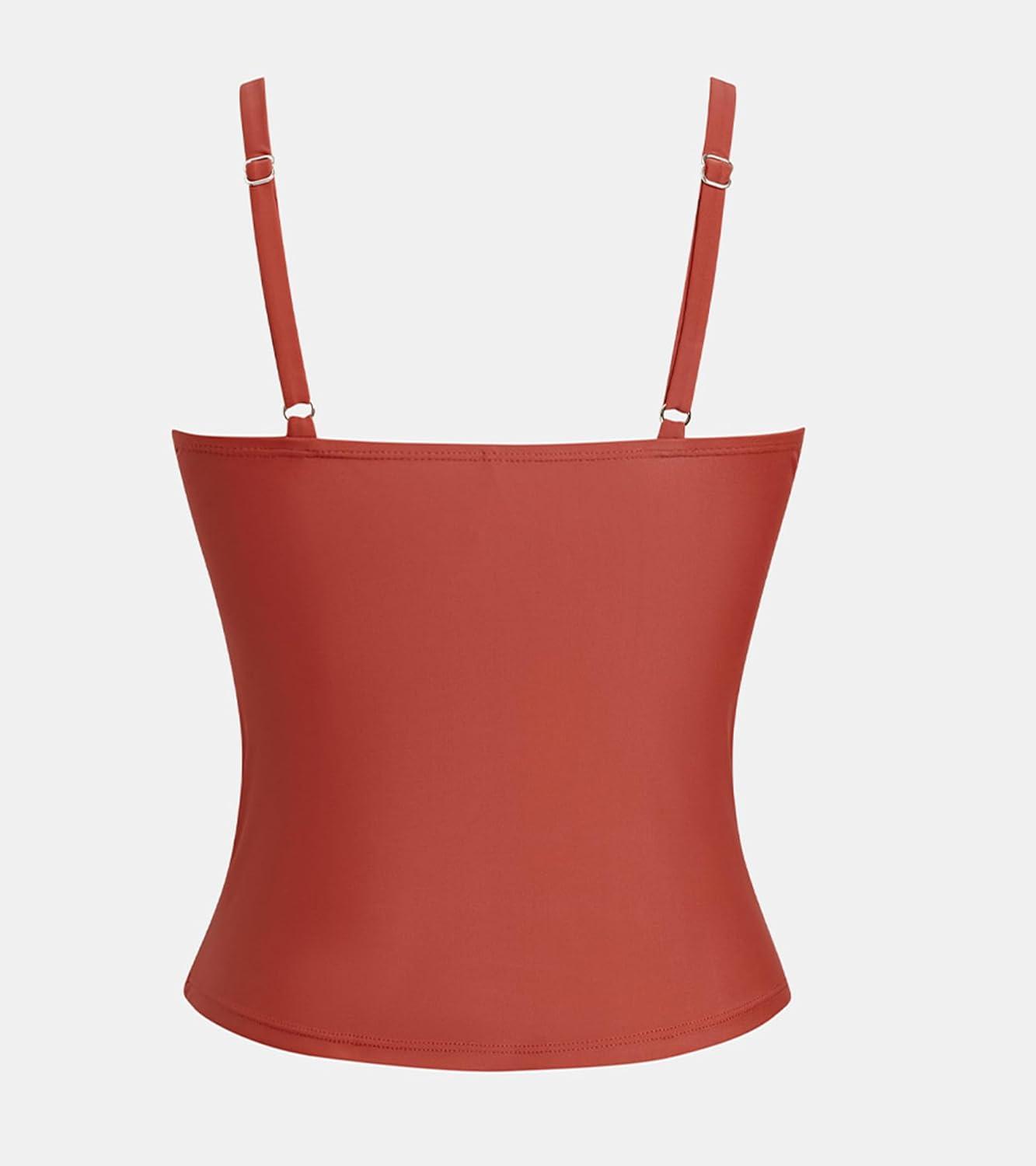 imageCUPSHE Womens Tankini Top Scoop Neck Swimsuit Tummy Control Swimwear Top Only Ruched Bathing Suit TopBrick Red