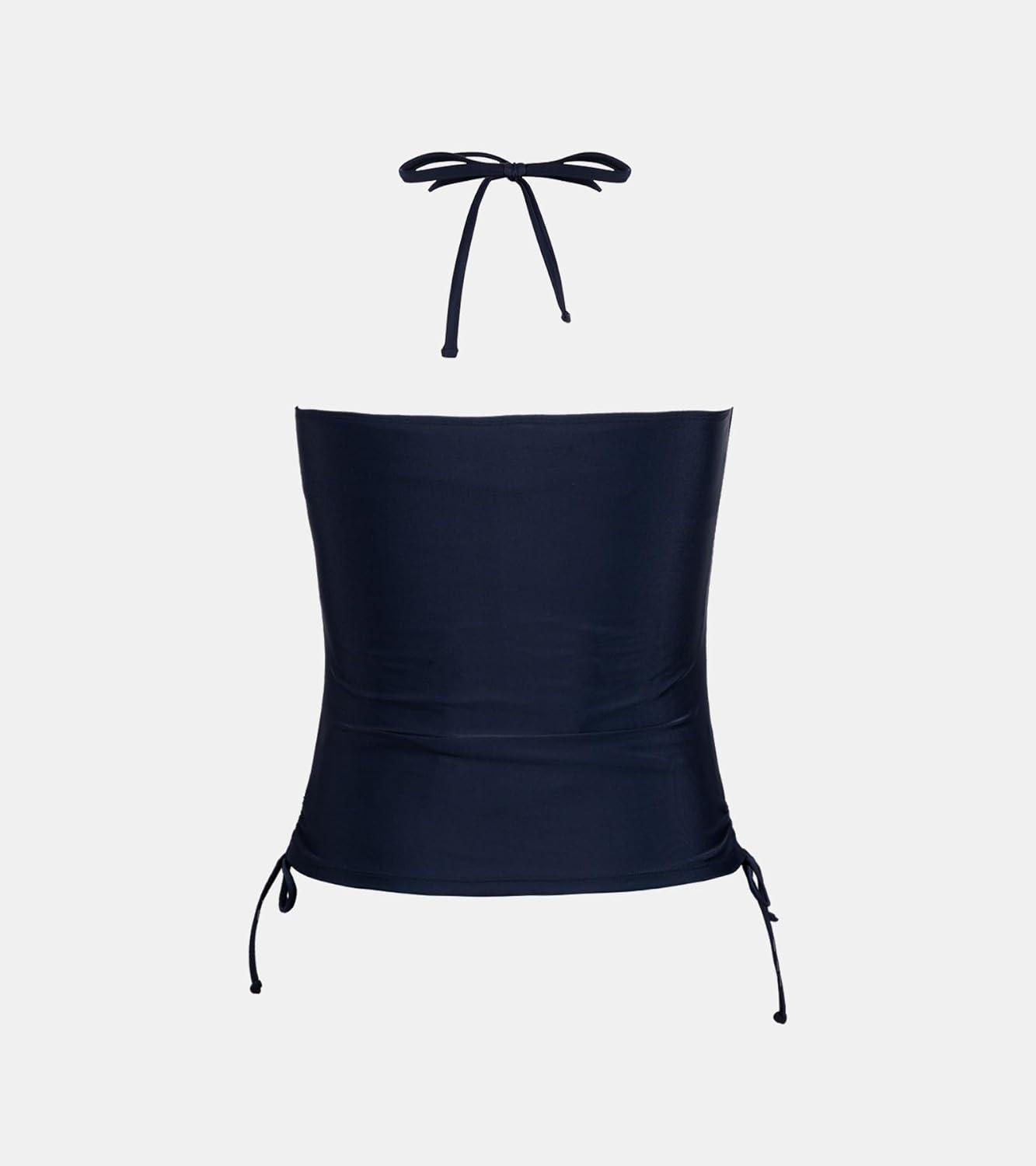 imageCUPSHE Womens Tankini Top Swimsuit Tummy Control Swim Top Only High Neck Halter Tie Drawstring Bathing Suit TopNavy Blue