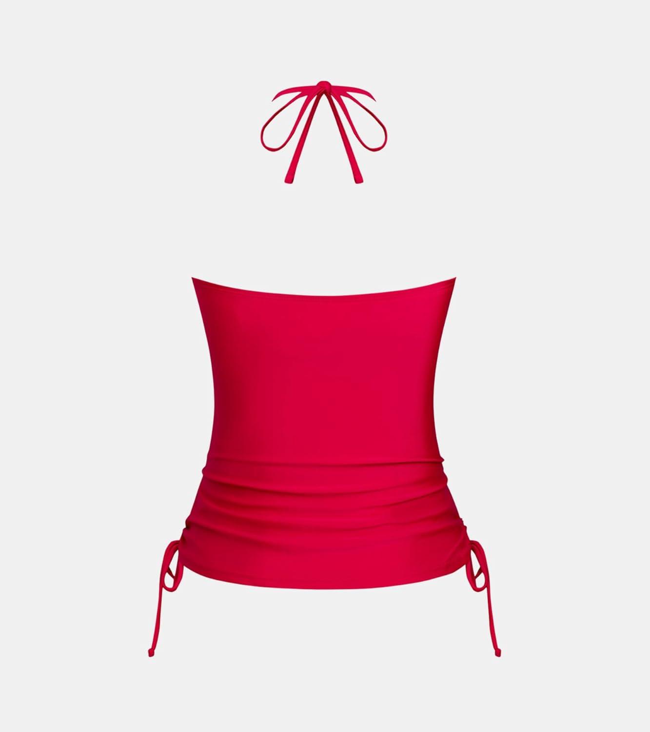 imageCUPSHE Womens Tankini Top Swimsuit Tummy Control Swim Top Only High Neck Halter Tie Drawstring Bathing Suit TopTrue Red