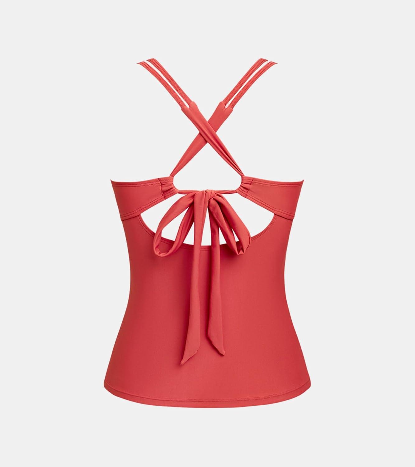 imageCUPSHE Womens Tankini Top Swimsuit Tummy Control Swim Top Only Scoop Neck V Cut Back Self Tie Bathing Suit TopBrick Red