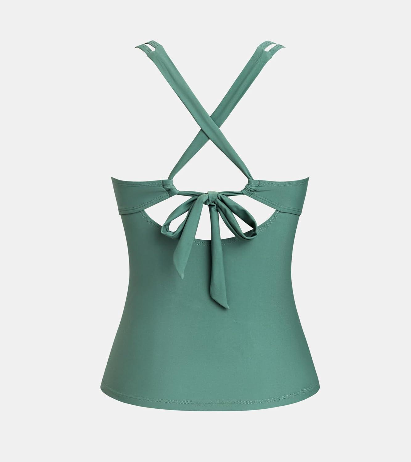 imageCUPSHE Womens Tankini Top Swimsuit Tummy Control Swim Top Only Scoop Neck V Cut Back Self Tie Bathing Suit TopSage Green