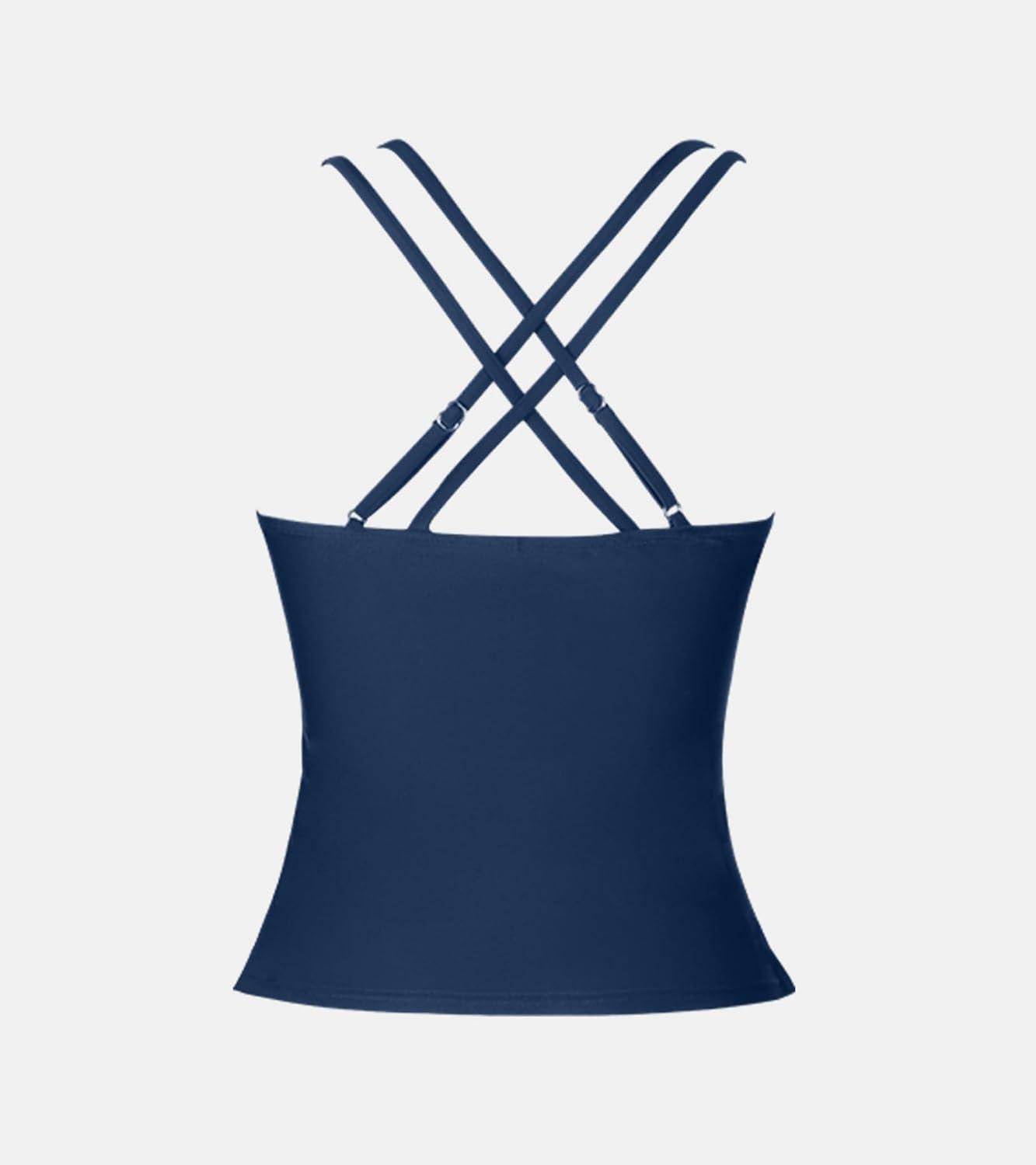 imageCUPSHE Womens Tankini Top Swimsuit Tummy Control Swimwear Top Only Double Adjustable Straps Bathing Suit TopNavy Blue