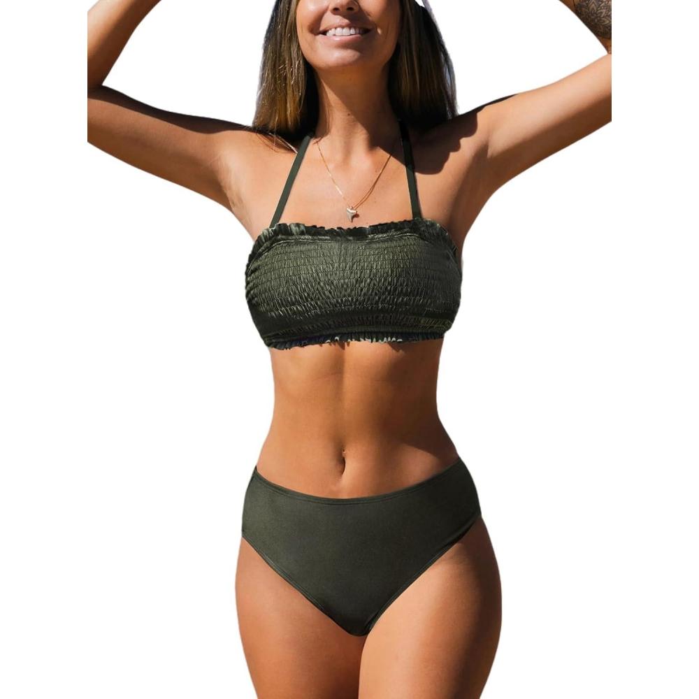 imageCUPSHE Bikini Set for Women Two Piece Swimsuit Bandeau Top Back Tie Mid Waisted Bottom with Removable Shoulder StrapsArmy Green