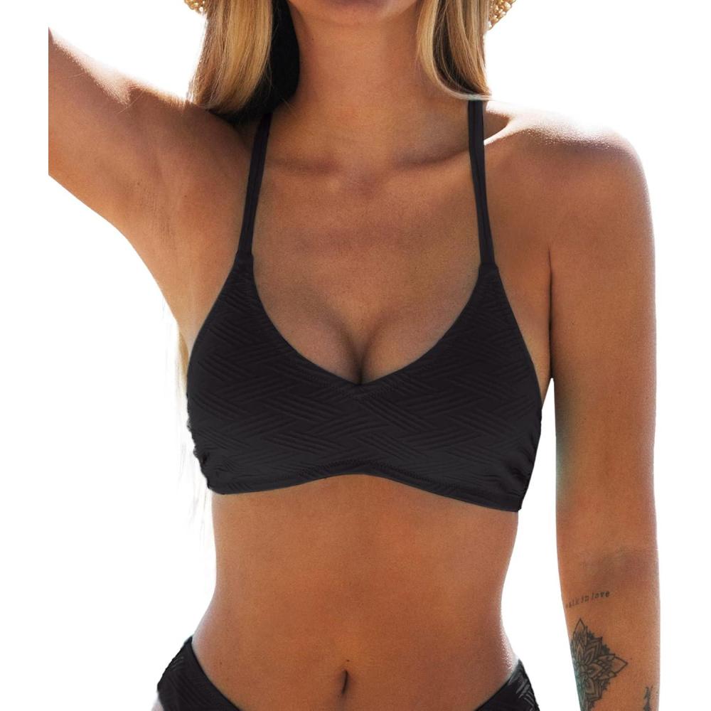 imageCUPSHE Bikini Top for Women Bathing Suit Criss Cross Self Tie Spaghetti Straps V NeckBlack
