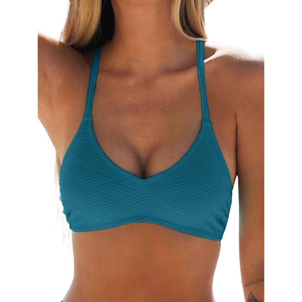 imageCUPSHE Bikini Top for Women Bathing Suit Criss Cross Self Tie Spaghetti Straps V NeckTeal