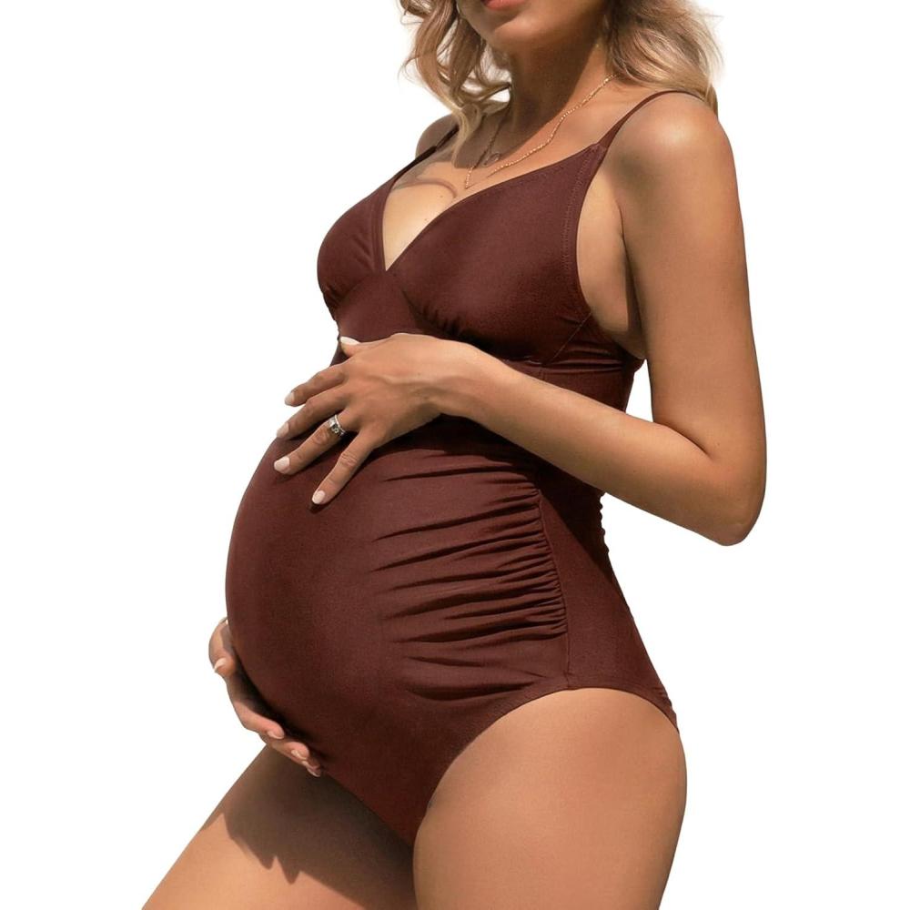 imageCUPSHE Maternity Swimsuit for Women One Piece Swimsuits Pregnancy Swimwear Spaghetti Straps Ruched AdjustableBrown