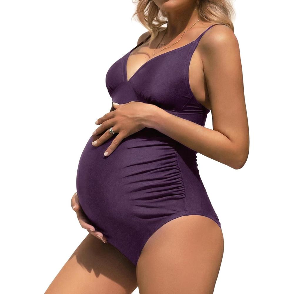 imageCUPSHE Maternity Swimsuit for Women One Piece Swimsuits Pregnancy Swimwear Spaghetti Straps Ruched AdjustableDark Purple