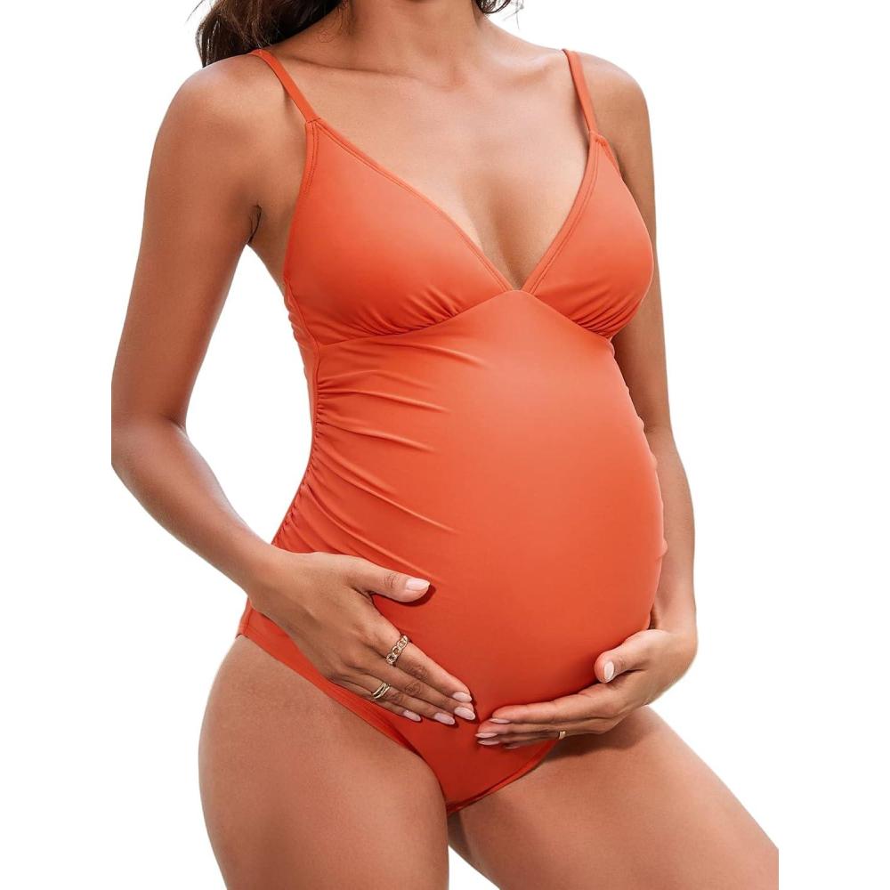 imageCUPSHE Maternity Swimsuit for Women One Piece Swimsuits Pregnancy Swimwear Spaghetti Straps Ruched AdjustableOrange