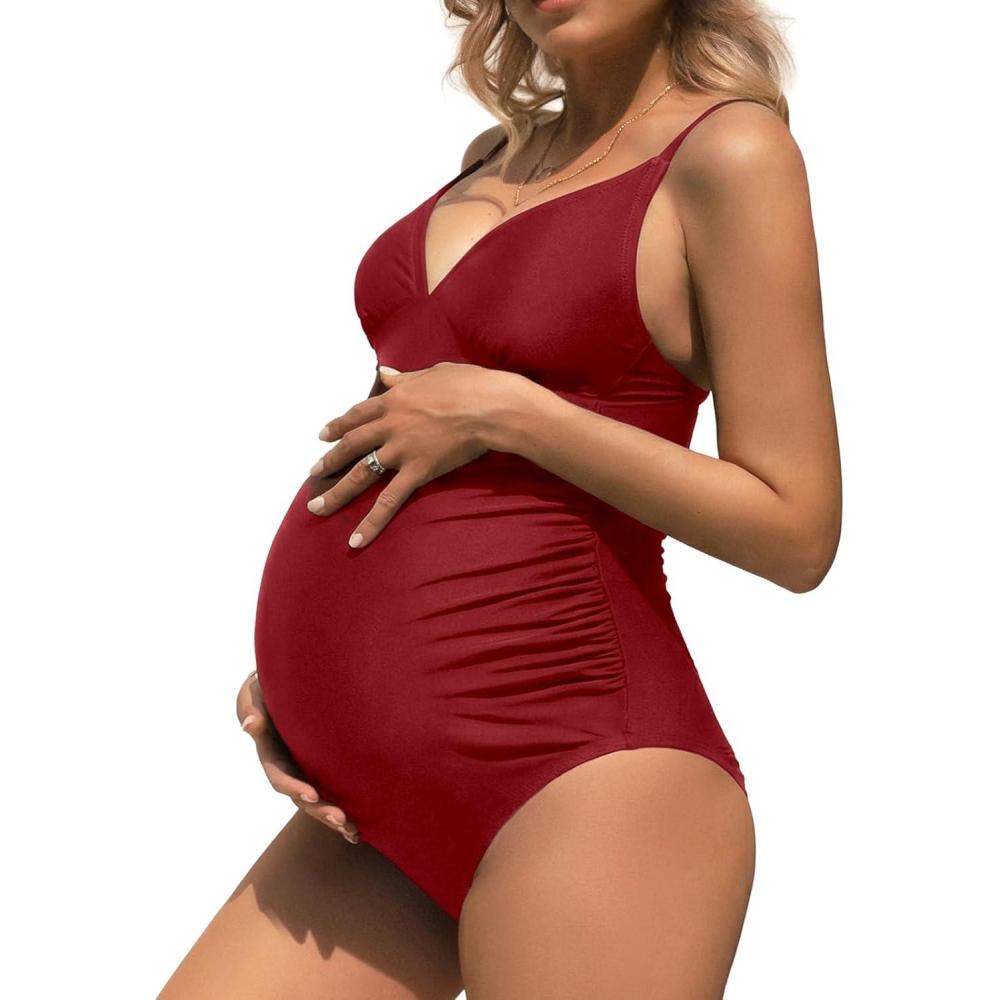 imageCUPSHE Maternity Swimsuit for Women One Piece Swimsuits Pregnancy Swimwear Spaghetti Straps Ruched AdjustableRed