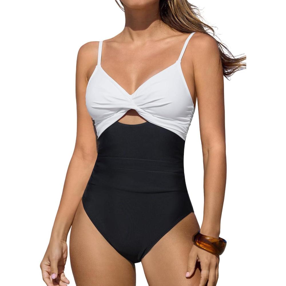 imageCUPSHE One Piece Swimsuit for Women Bathing Suits Twist Front Cutout Adjustable Straps Ruched SwimwearBlackWhite
