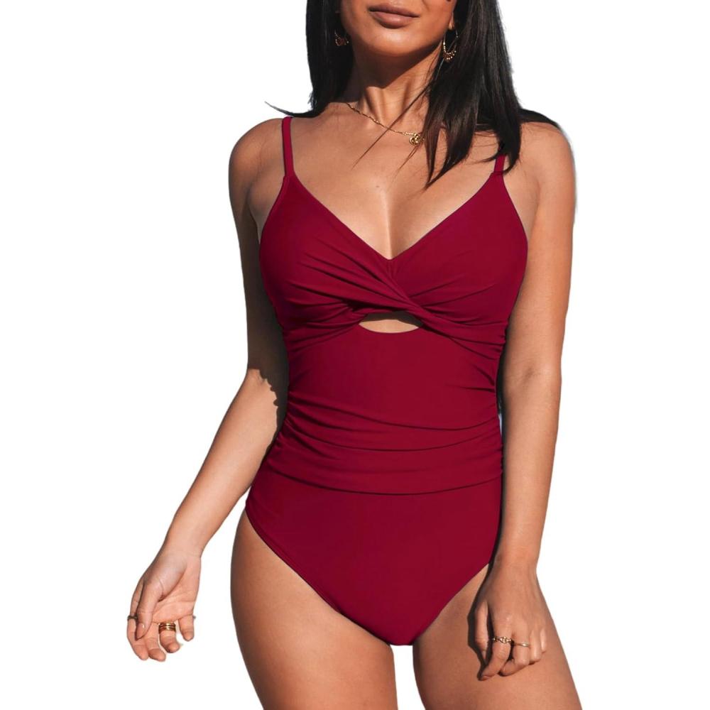 imageCUPSHE One Piece Swimsuit for Women Bathing Suits Twist Front Cutout Adjustable Straps Ruched SwimwearCherryred